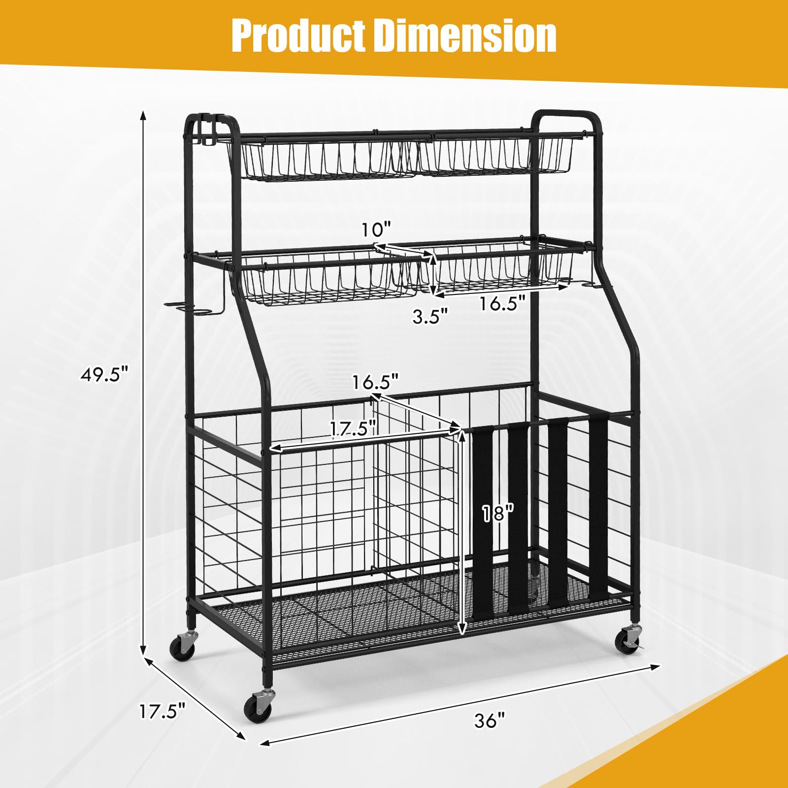 GYMAX Garage Sports Equipment Organizer - Rolling Toy Storage Cart with Lockable Wheels, Basket & Hooks for Golf Bags, Bats, Football Gear | Perfect for Garage, Basement & Playroom Organization