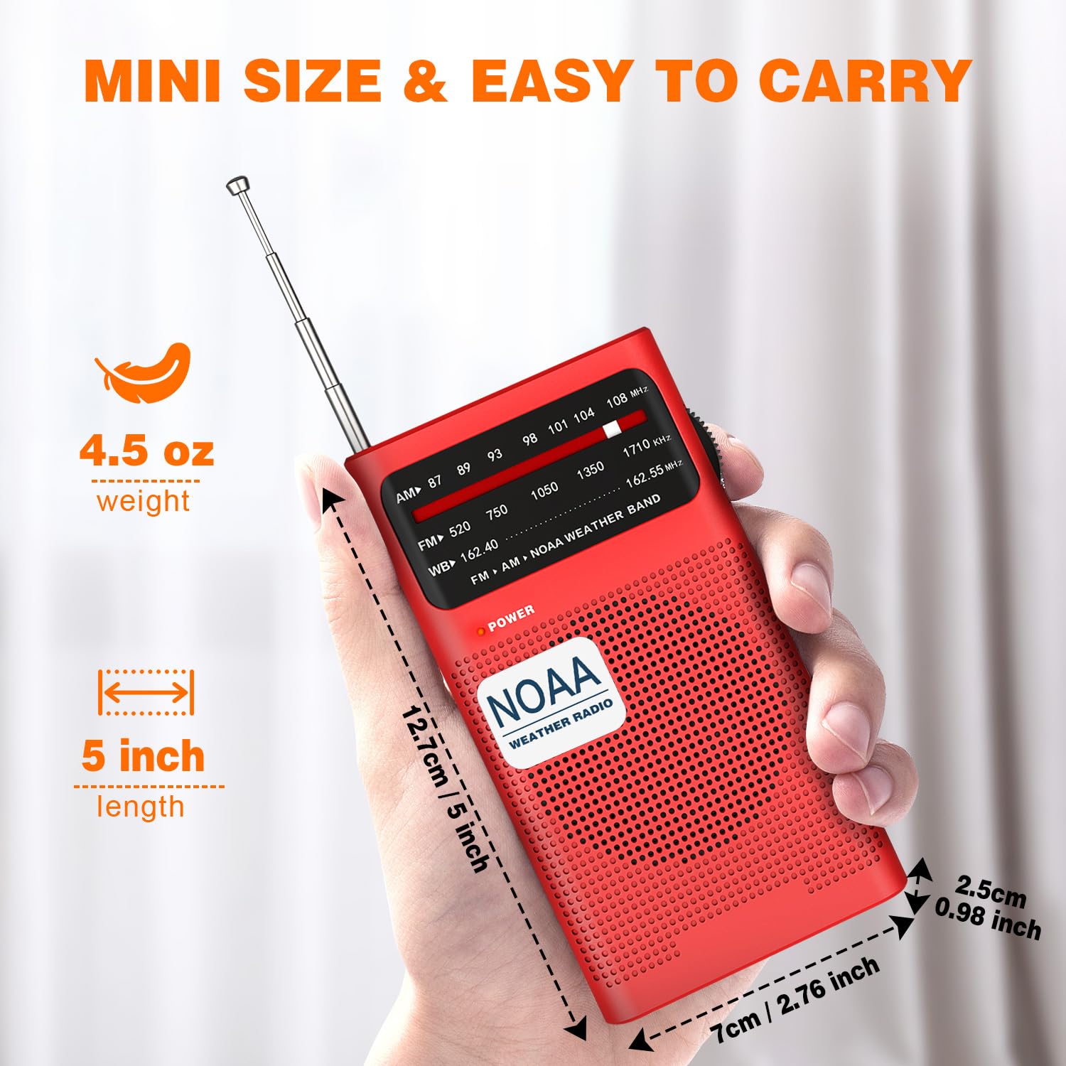 NOAA Weather Radio with Best Reception - AM/FM Portable Emergency Radio with Loud Speaker, Transistor Antenna & Headphone Jack | Battery Powered (2 AA) | Ideal for Home, Outdoor Camping, Hiking, Storms & Emergency Preparedness - Red