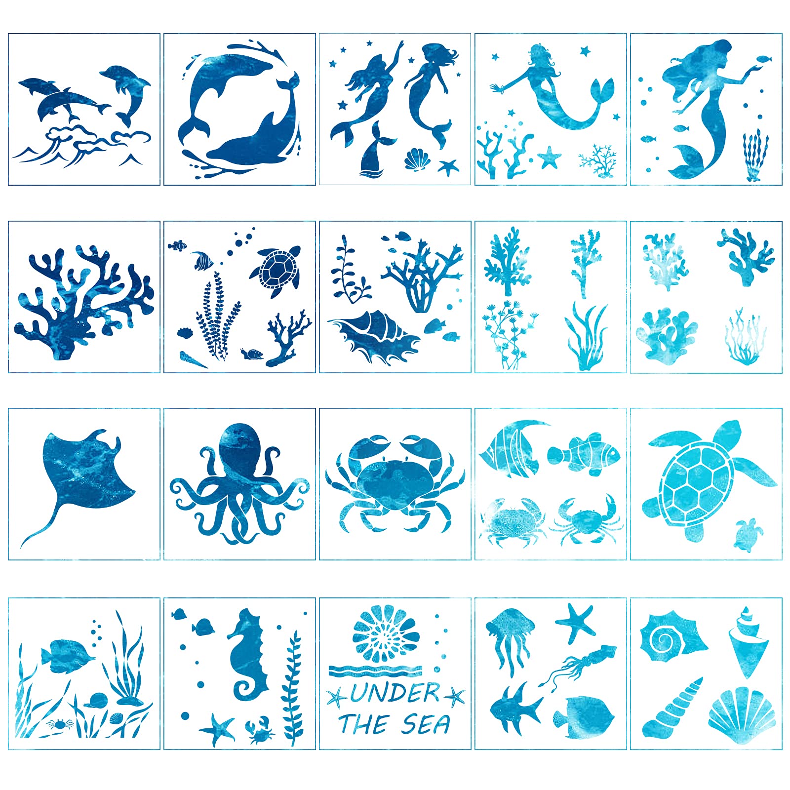 20-Piece Sea Creature Stencils Set - Mermaid, Seahorse, Jellyfish Templates for DIY Painting, Wood Crafts & Scrapbooking - Perfect for Home Decor, Kids Art Projects & Beach-Themed Parties