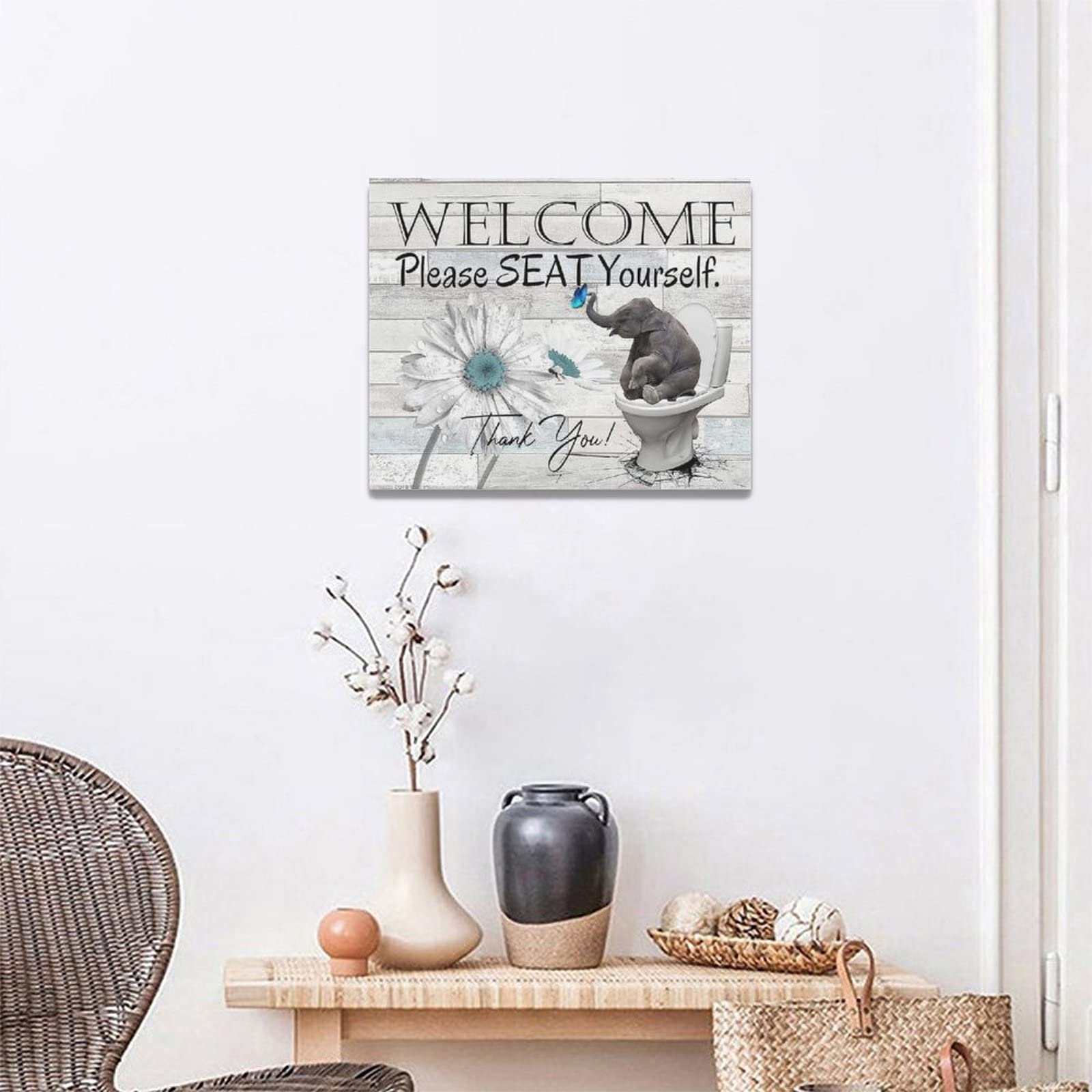 Elephant Bathroom Wall Art Canvas - Sunflower Elephant Sitting on Toilet Decor Painting Print, Framed Bathroom Sign 20