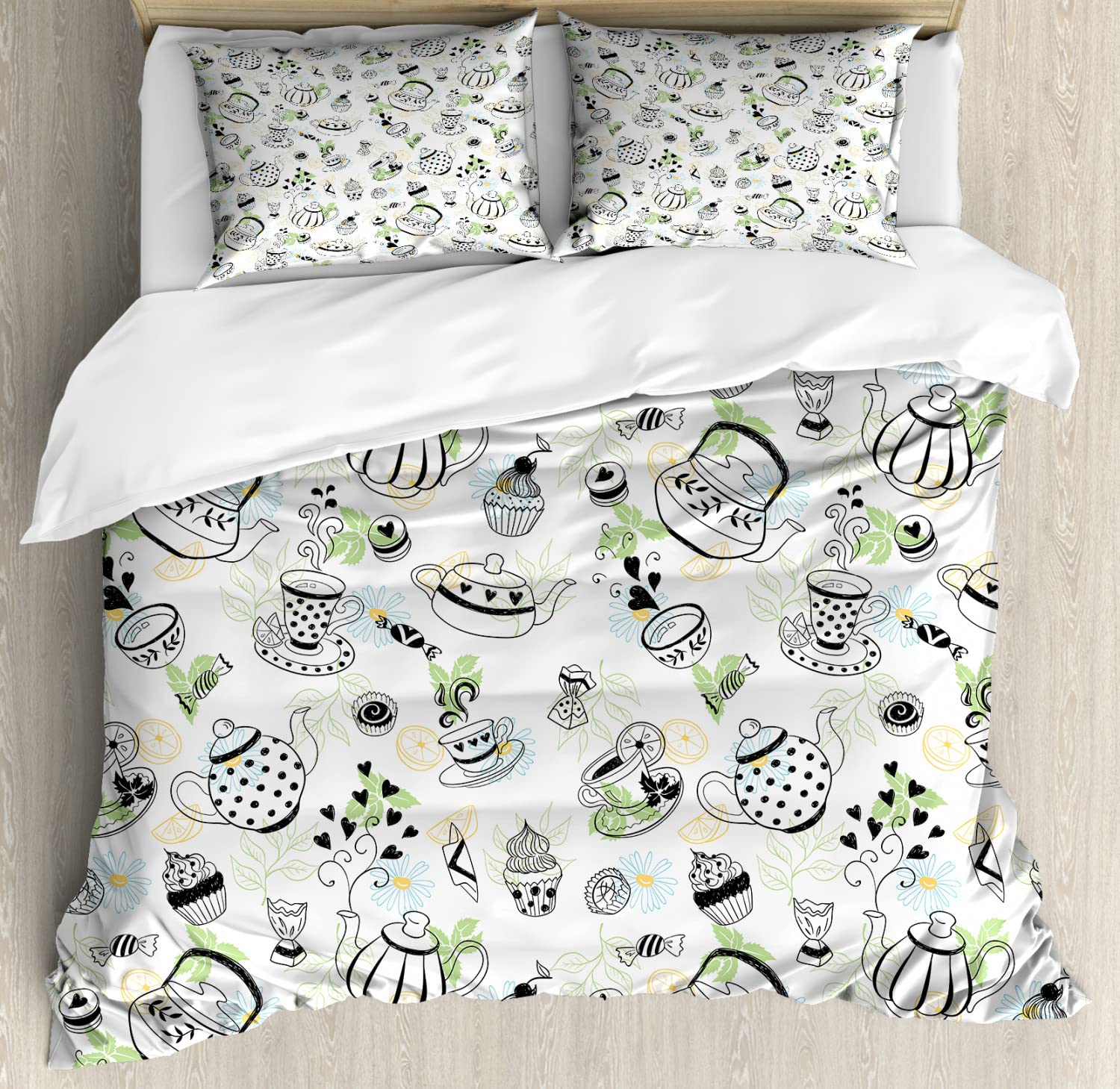 Ambesonne Tea Party Duvet Cover Set - Hand Drawn Doodle Style Teapots, Cups, Hearts & Flowers Design - 2 Pack Queen Size Bedding Set with 2 Duvet Covers & 4 Pillowcases (Black, White, Green) - Perfect for Boho Bedroom Decor, Guest Room Makeover & Themed Tea Party Events