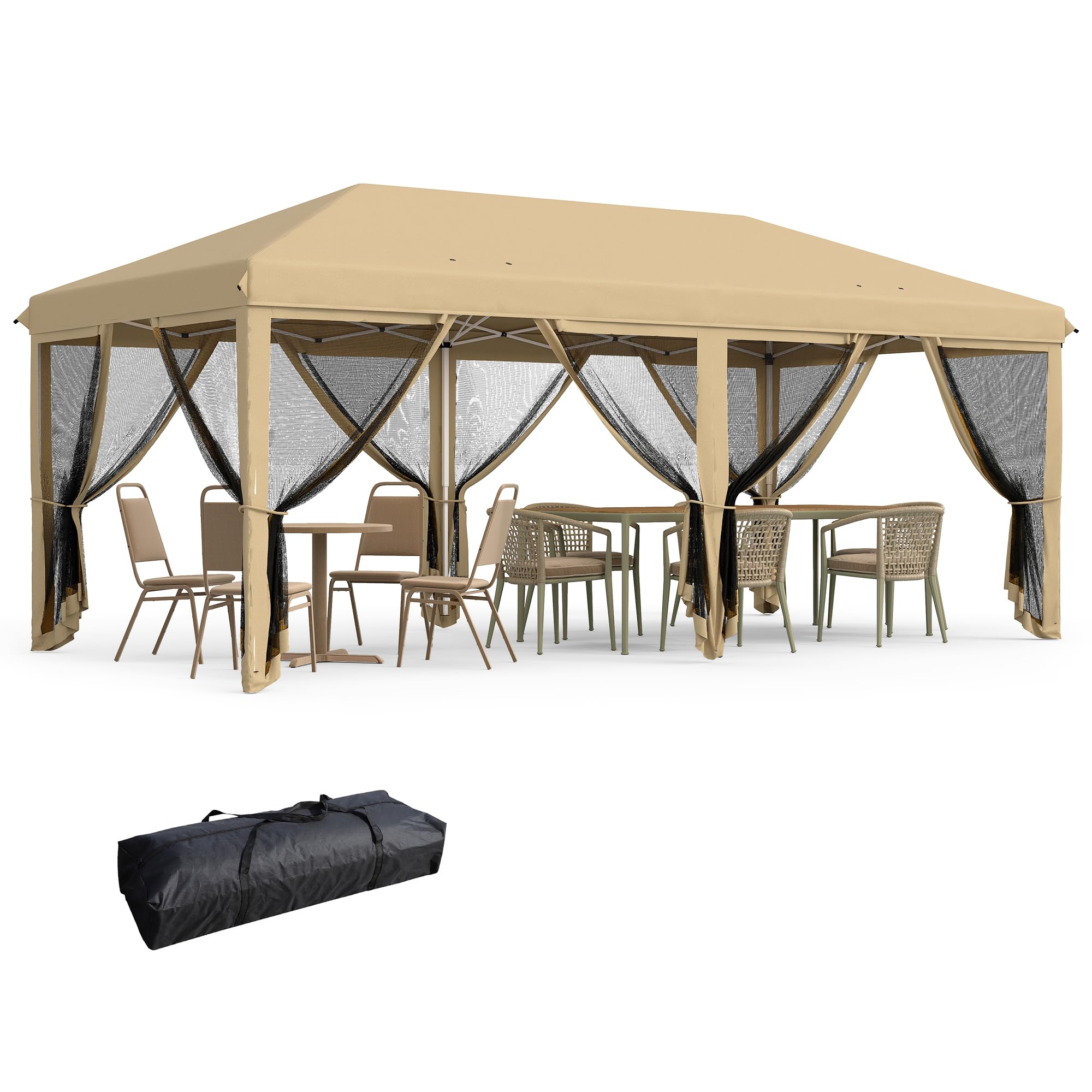 Outsunny 10' x 20' Heavy Duty Pop Up Canopy Tent with Netting - Instant Sun Shelter for Outdoor Parties, Camping, Beach & Backyard - Includes Carry Bag (Beige)