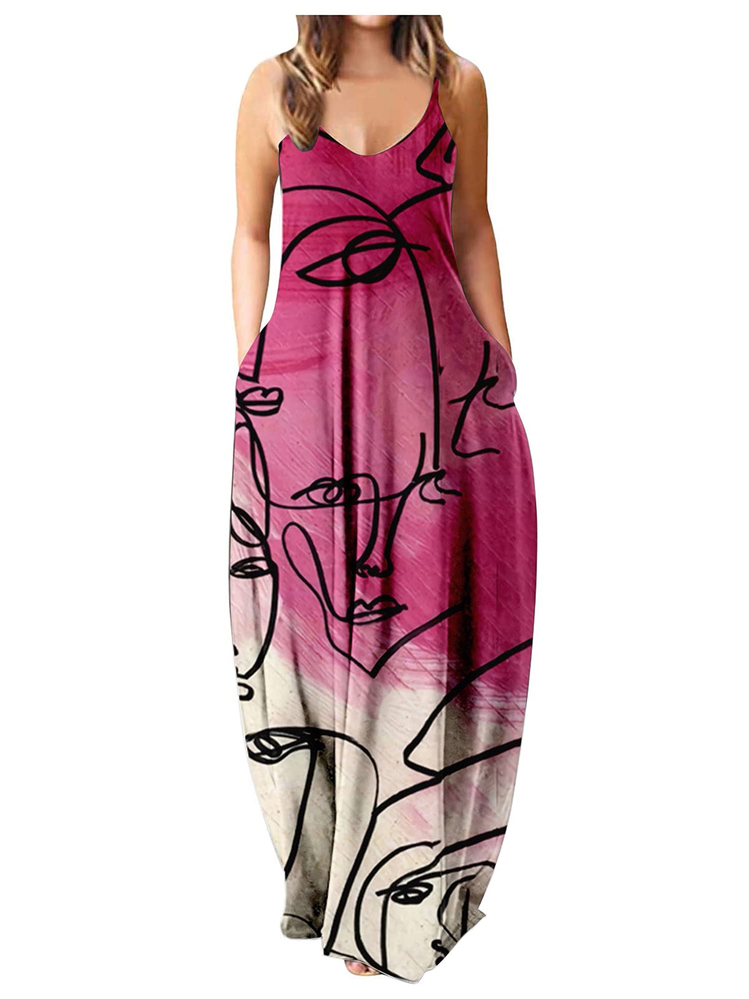 MAINESAKA Women's Bohemian Floral Print Maxi Dress - Casual Long Spaghetti Strap Summer Dress with Pockets | Perfect for Beach Vacations, Music Festivals & Date Nights