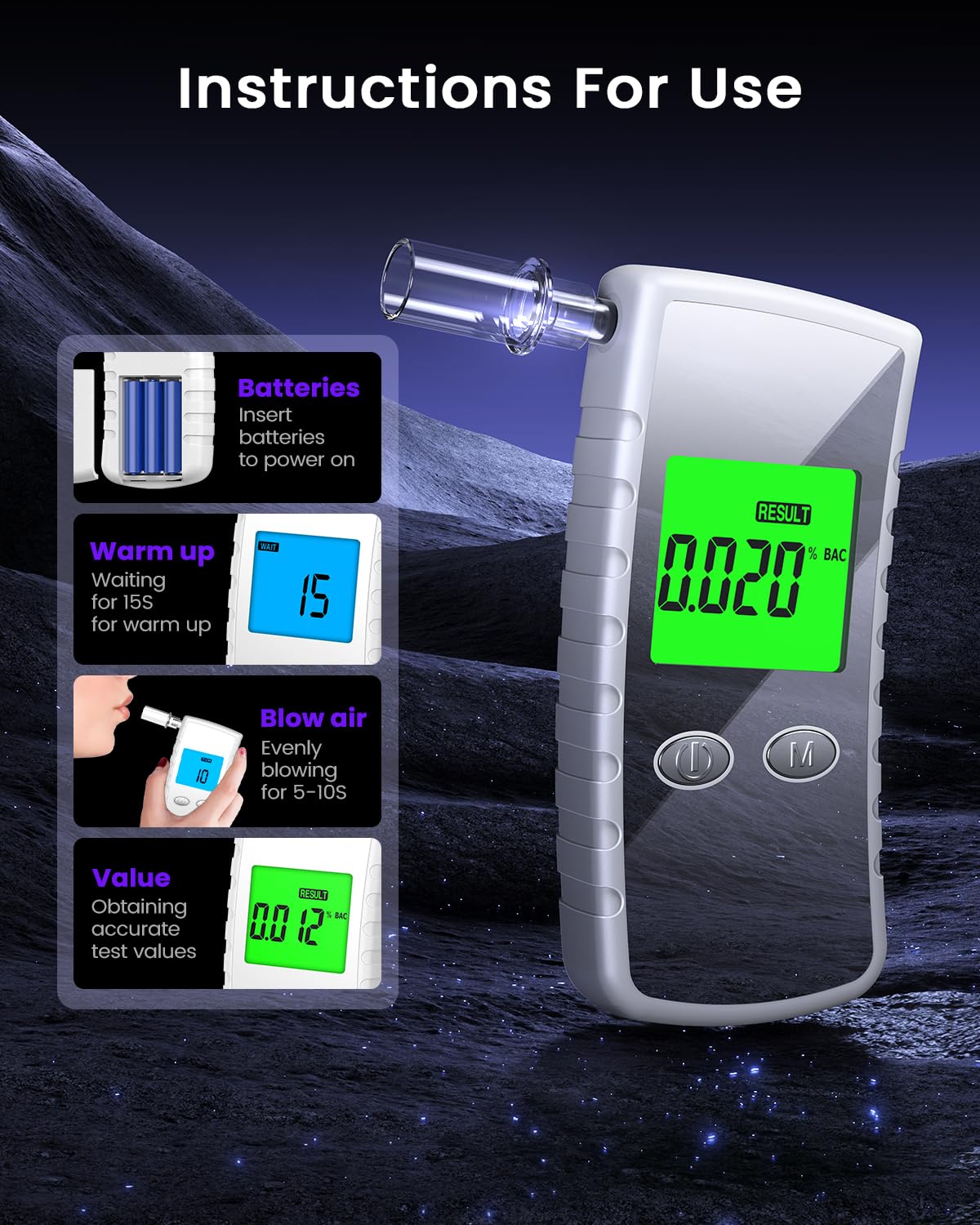 **Upgraded High-Accuracy Professional Breathalyzer with LCD Display - 10 Mouthpieces Included - Portable Alcohol Tester for Home, Bars, Parties & Workplace Safety (White)**