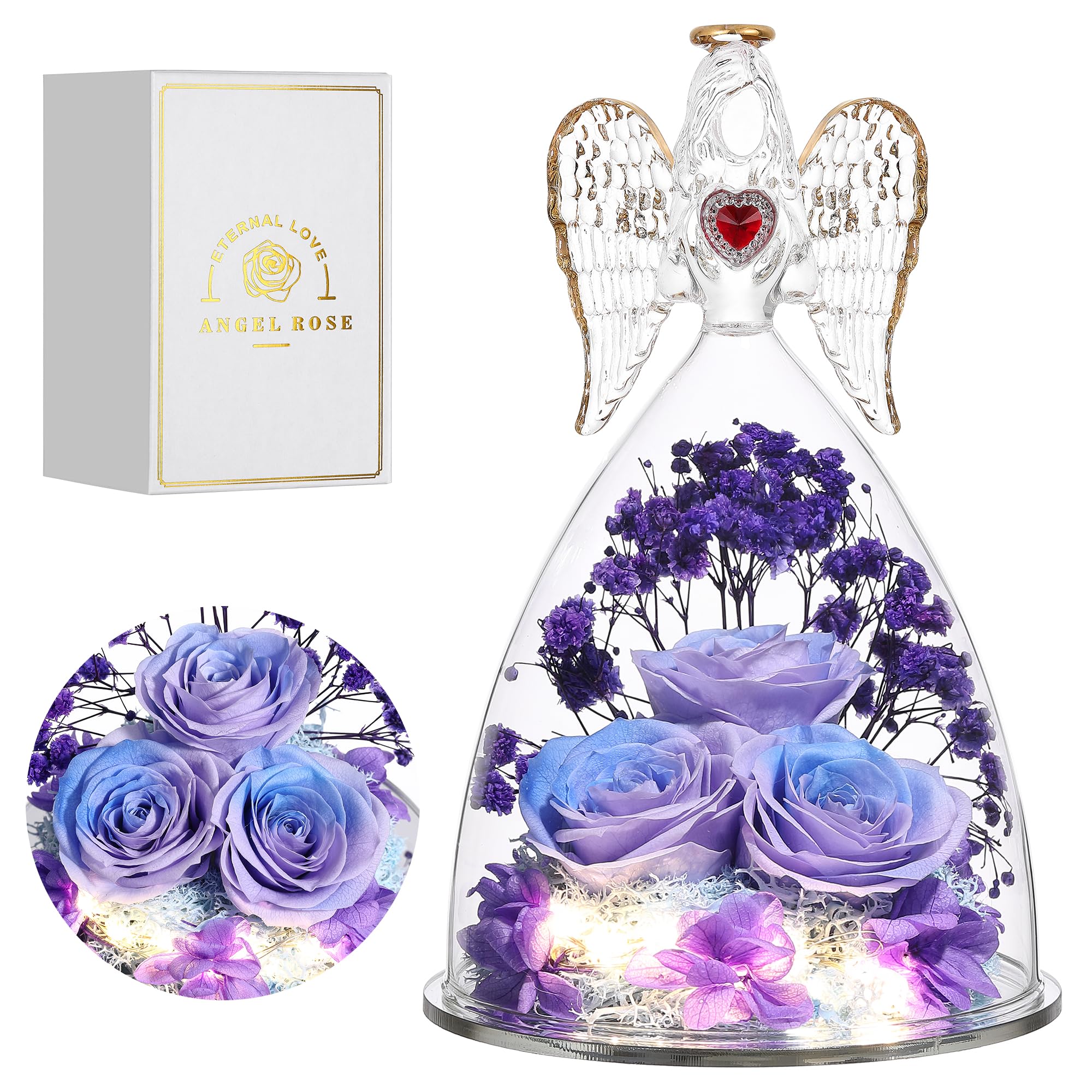 Mother's Day Rose Gifts for Women - Large Angel Figurines with Real Preserved Roses in Purple & Blue | Perfect for Home Decor, Wedding Centerpieces & Romantic Gifts