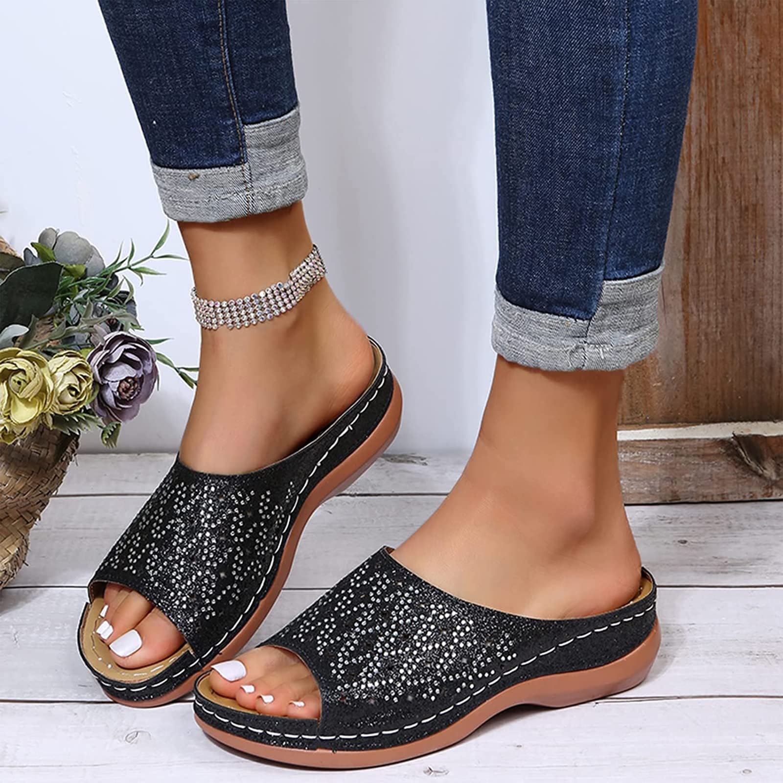 Women's Summer Wedge Platform Sandals with Crystal Bling - Roman Style Slingback Ankle Strap Ballet Flats for Casual, Dance, Dressy Occasions & Beach Wear