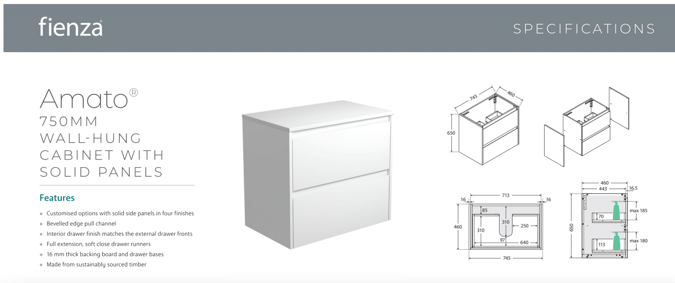 Fienza 75BW Amato 750 Wall Mounted Bathroom Vanity Cabinet in Satin White - Modern Space-Saving Storage Solution for Small Bathrooms & Powder Rooms