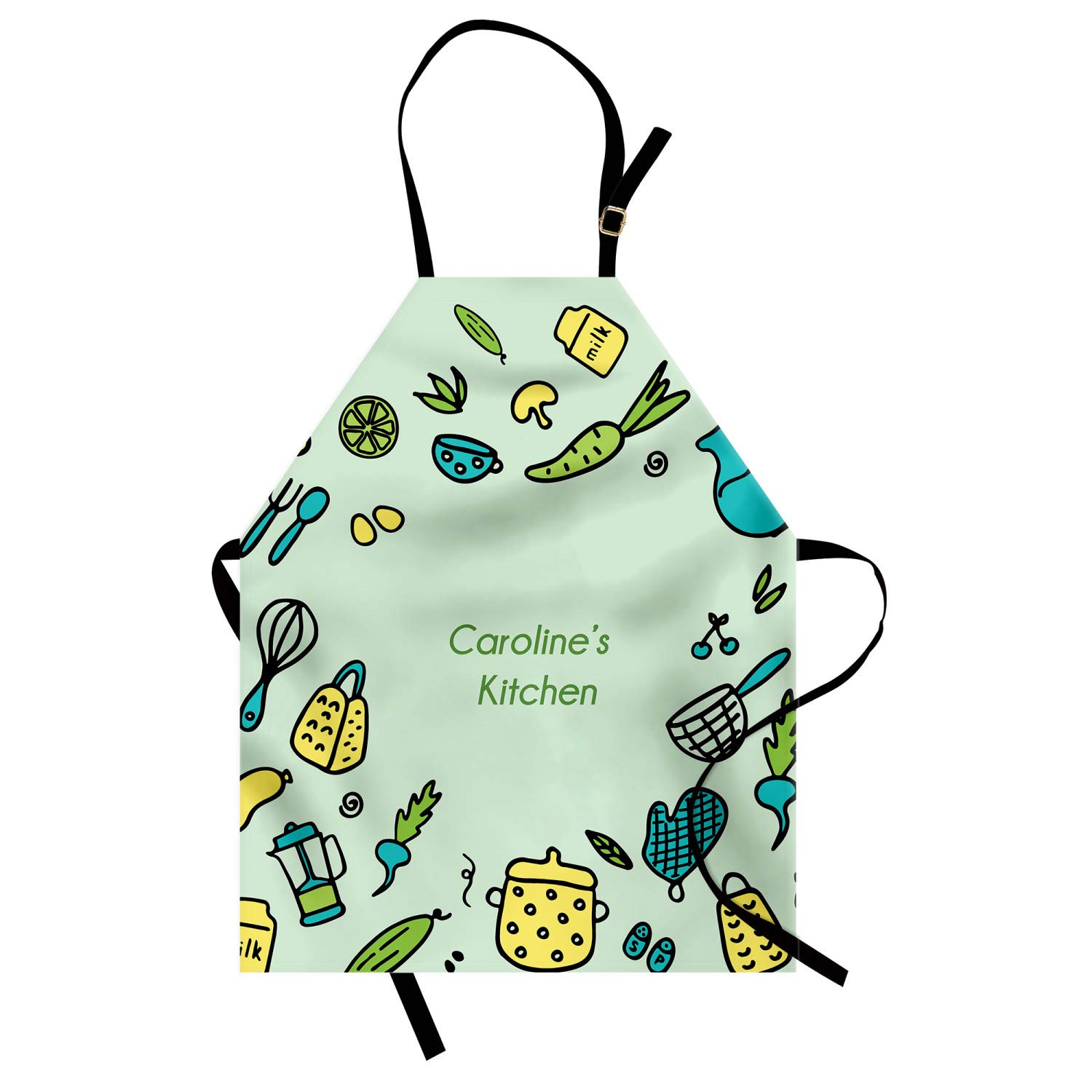 Ambesonne Personalized Chef Apron - Doodle Kitchen Appliances Design, Adjustable Neck Bib for Cooking & Baking, Unisex Adult Size in Mint Green - Perfect for Home Chefs, BBQ, and Culinary Gifts