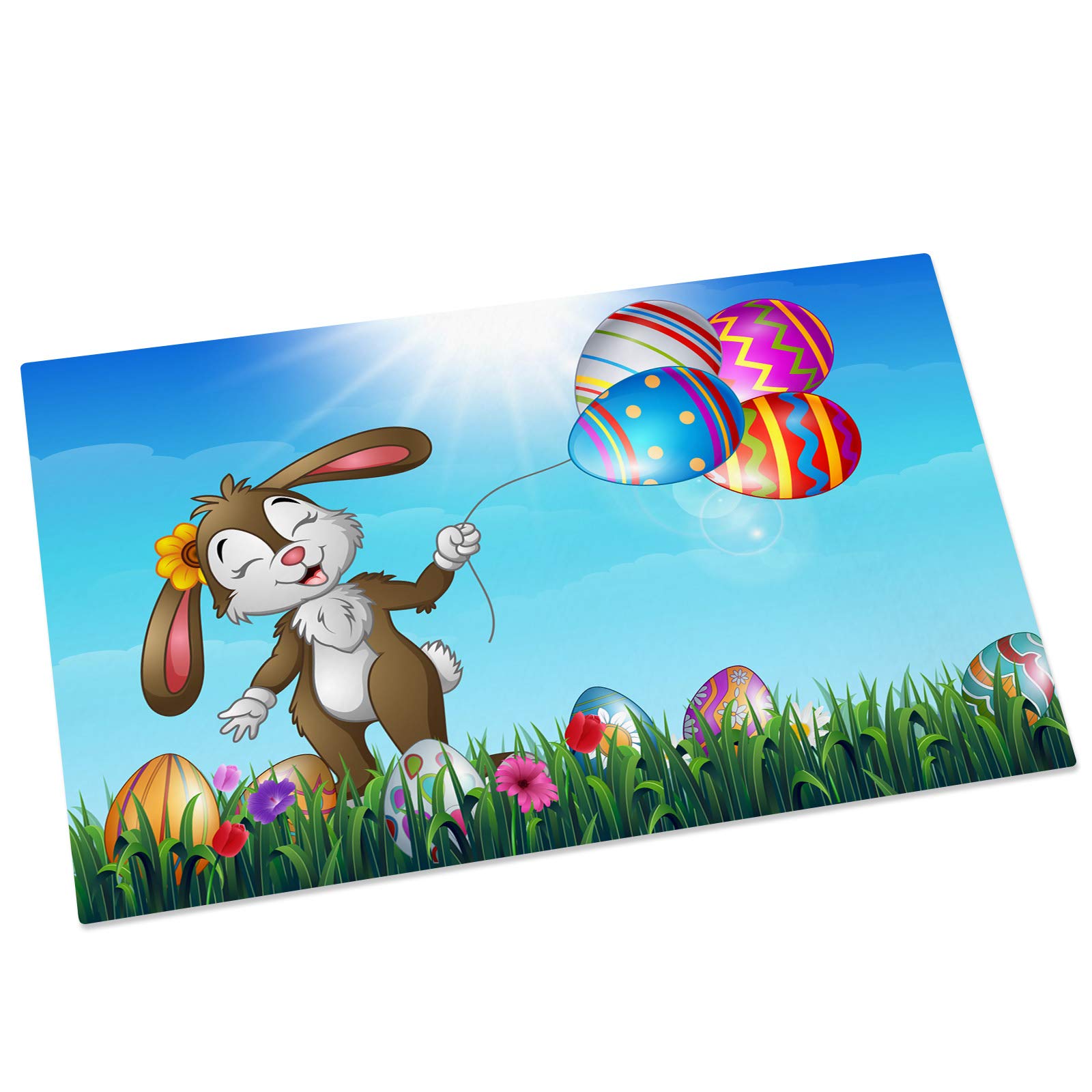 Non-Slip Easter Rabbit Indoor Door Mat with Colorful Egg Balloon on Grass - Blue Sky Floor Doormat for Kitchen, Bathroom, Living Room | Perfect for Easter Decor, Front Entrance, and Home Safety