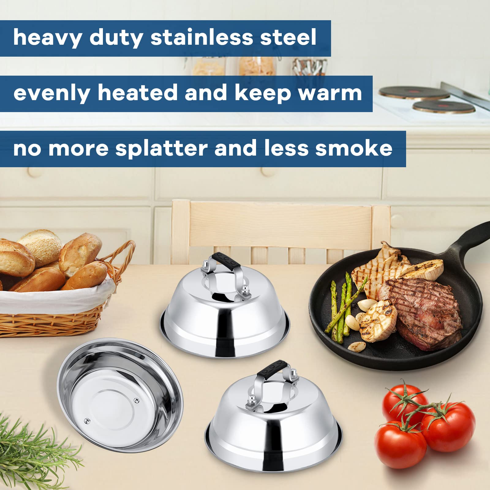 Leonyo 2-Pack 6.5 Inch Stainless Steel Cheese Melting Dome - Heavy Duty Basting Cover for Grilling, Cast Iron Griddles & Flat Top Cooking - Heat Resistant Handle - Perfect for Burgers, Quesadillas & Smashed Potatoes