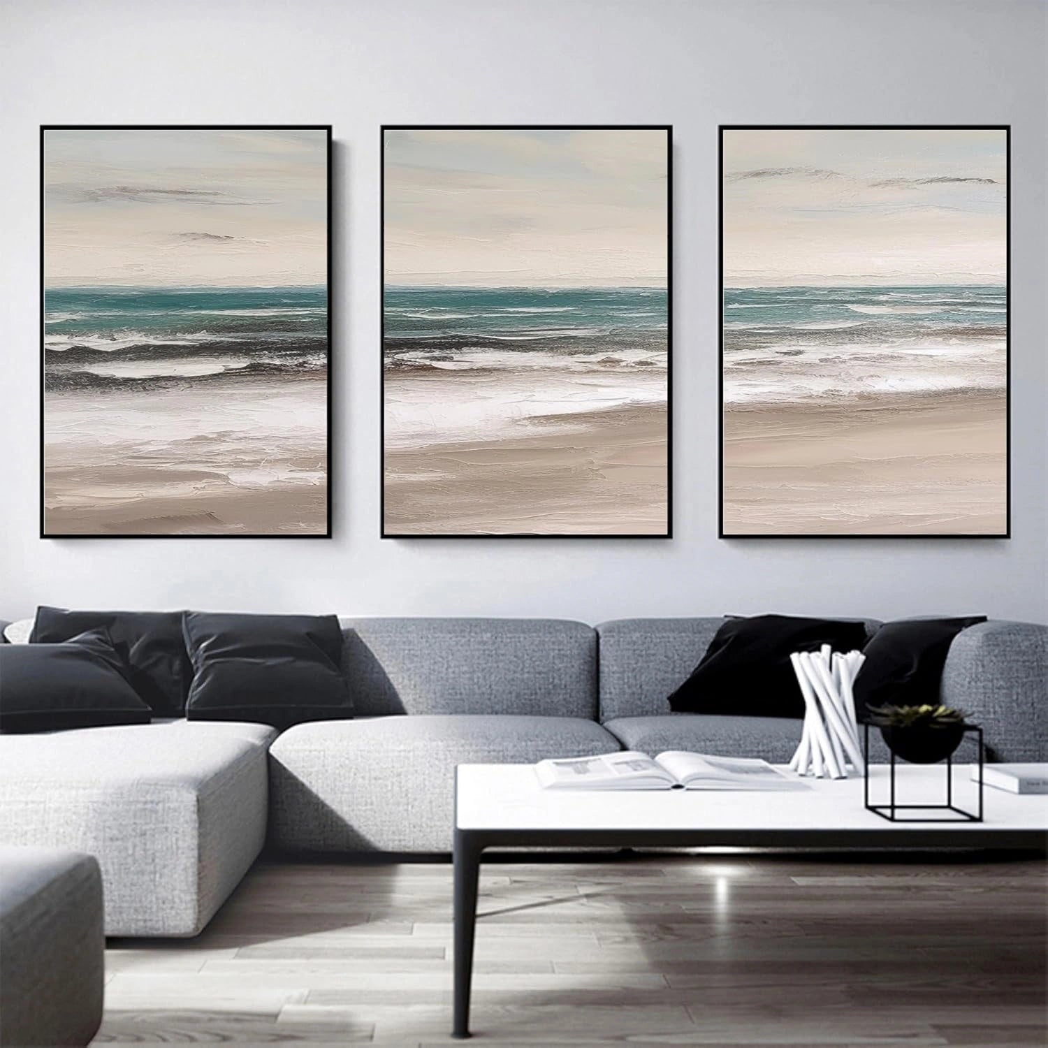 Ocean and Sky Painting Set of 3 - Coastal Wall Art Decor for Living Room, Bedroom, Office | Abstract Seascape Canvas Prints | Modern Home Decor