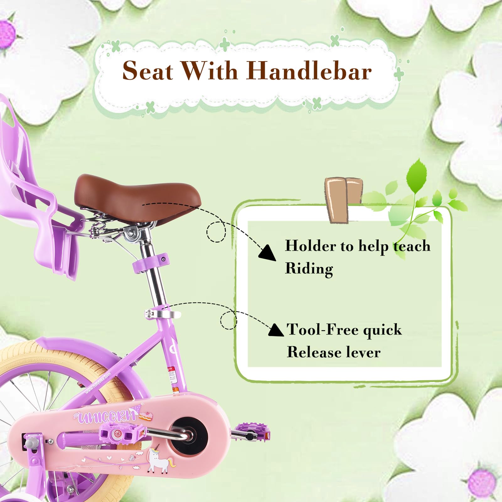 RULLY 12 14 16 Inch Kids Bike for Girls Ages 2-7 Years - Training Wheels, Front Handbrake, Basket & Streamers - Perfect for Neighborhood Rides, Park Adventures & Learning to Cycle