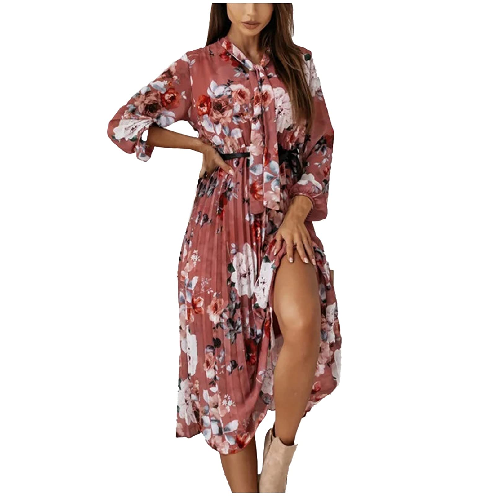 VODMXYGG Women's Work Dress - Crew Neck Loose Fit Flowy Button Down Polka Dot Print High Low Hem Swing Dress for Wedding Guest, Office & Casual Wear