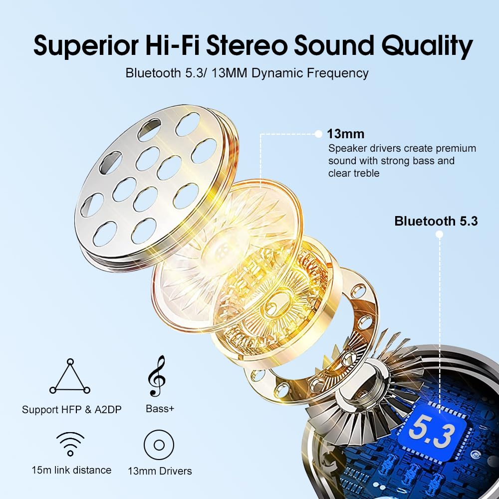 OYIB Wireless Earbuds Bluetooth 5.3 - HiFi Stereo Sound, ENC Noise Cancelling Mic, Touch Control, Type-C Charging, in-Ear Headphones (White/Blue) for Gym, Running, Workouts & Commuting