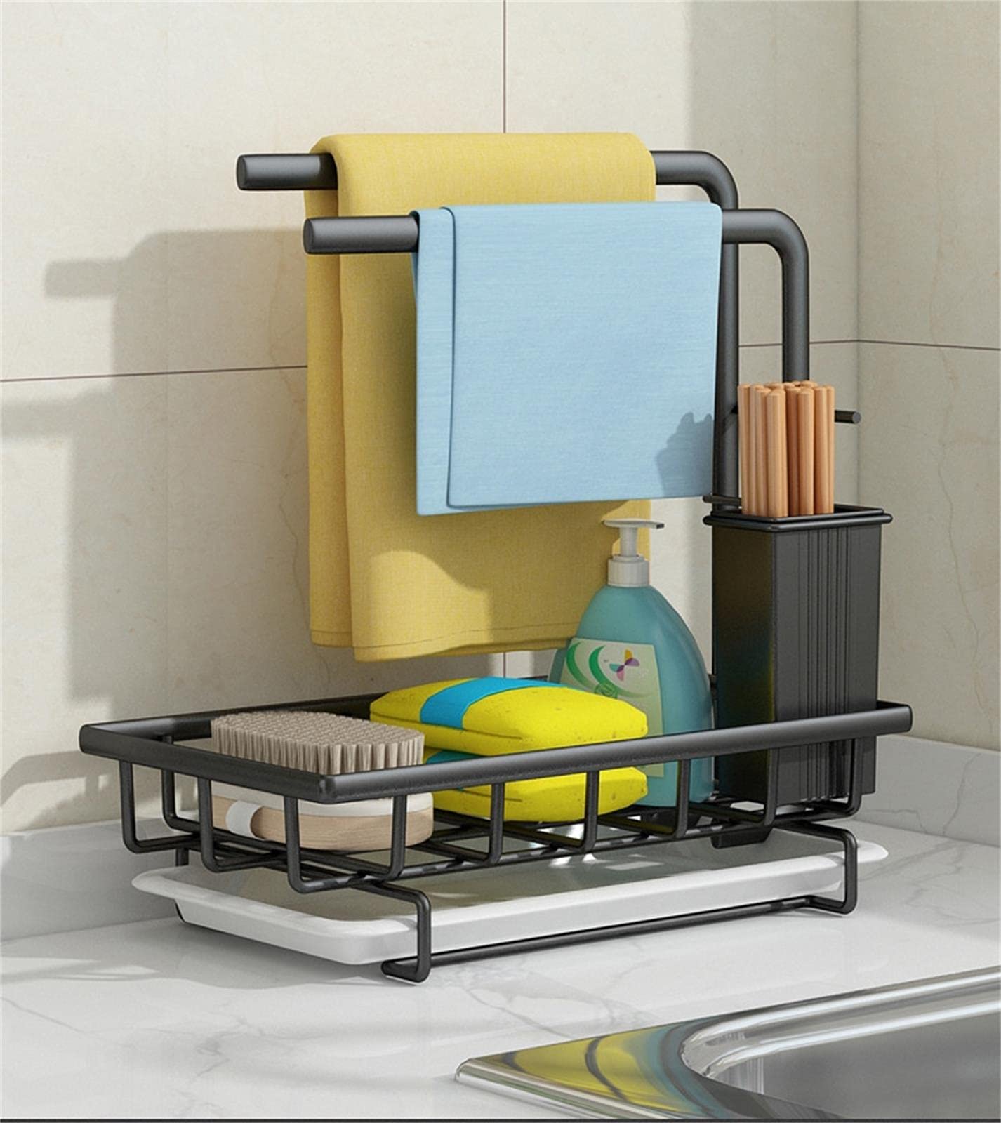 KUNWVLO Stainless Steel Sink Organizer - Sponge Holder, Towel Drying Rack & Removable Drain Pan - Freestanding or Wall-Mounted Kitchen Sink Storage Caddy - Perfect for Small Kitchens, Apartments & RVs