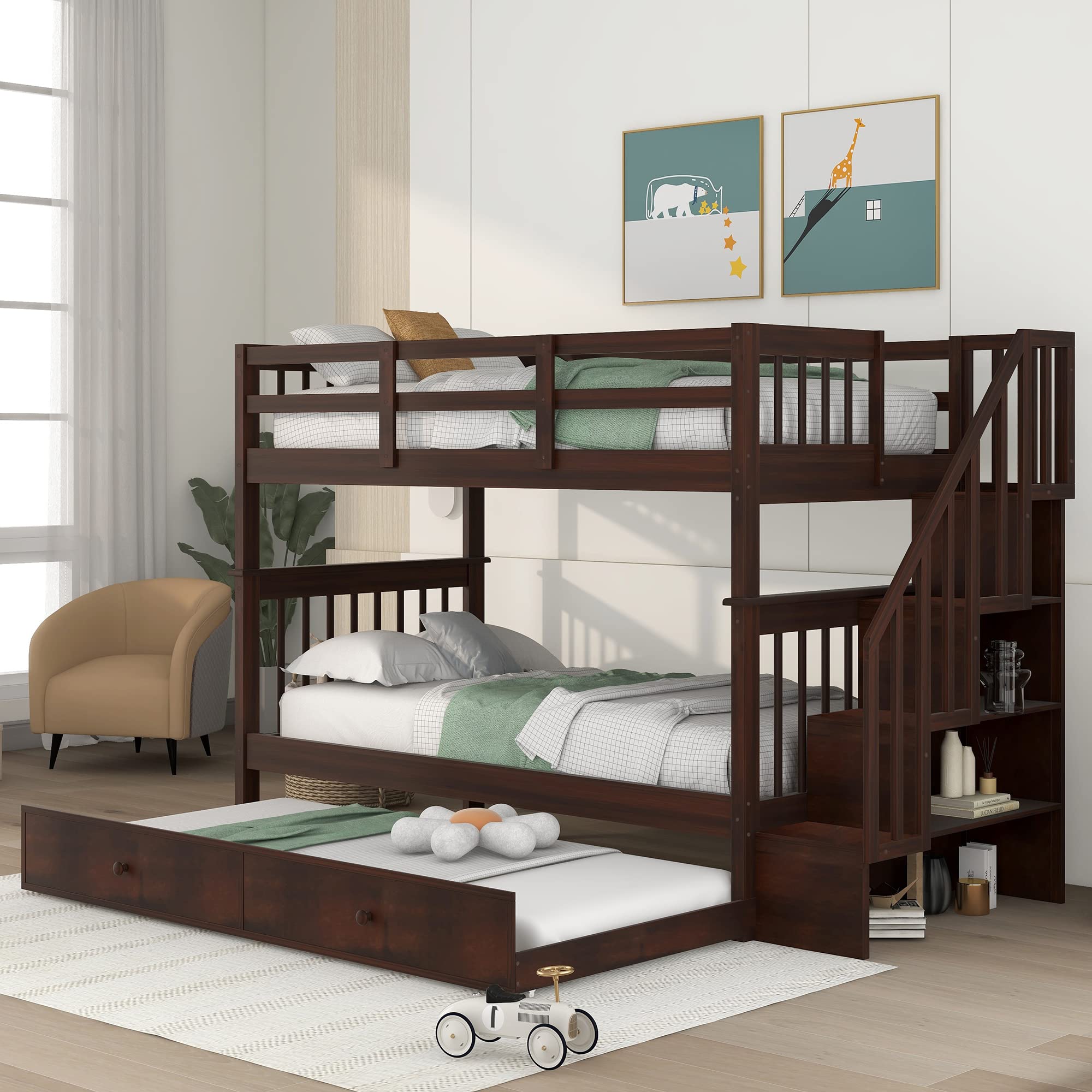 **Twin Over Twin Wooden Bunk Bed with Trundle, Stairs & Open Shelves – Espresso Kids & Teens Bunk Bed for Bedroom, Dorm, Guest Room – Space-Saving & Stylish Sleep Solution**