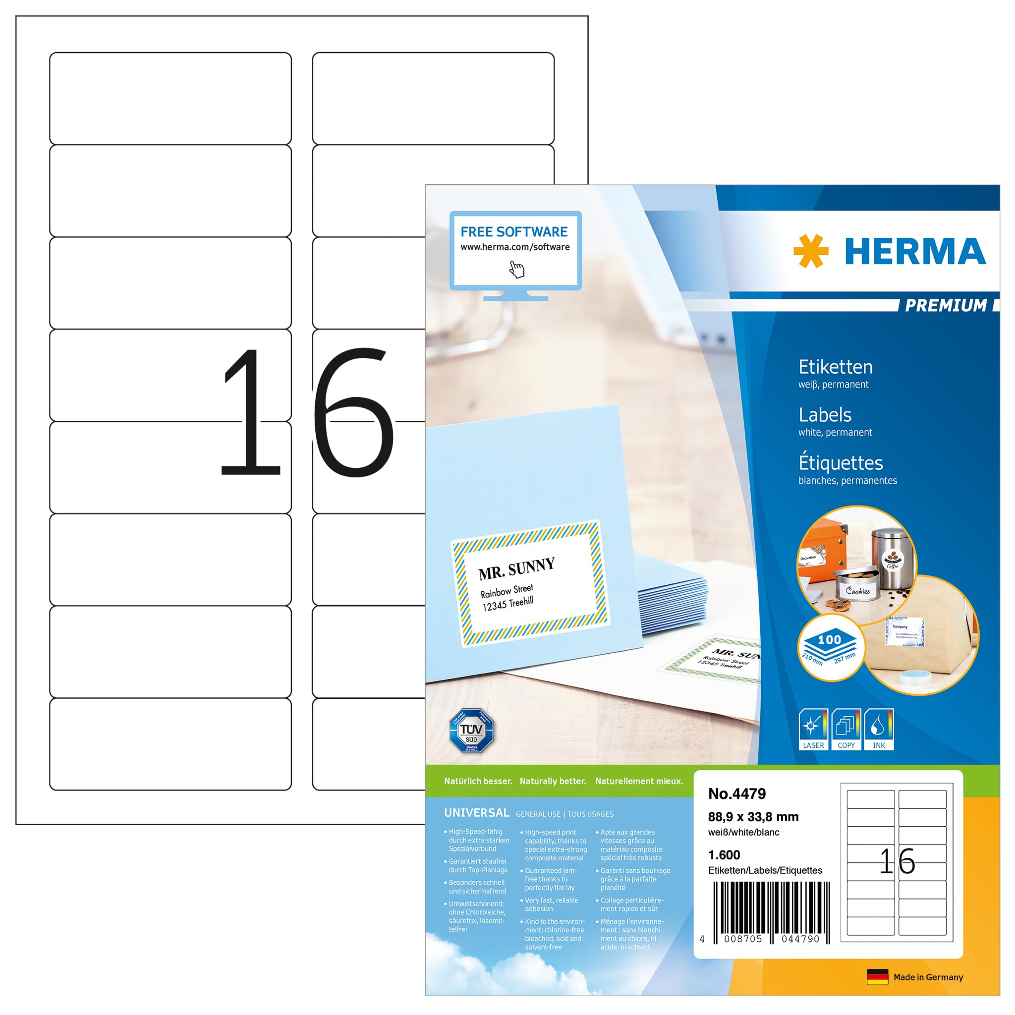 Herma 4479 Self Adhesive Address Labels - 1600 Blank White Mailing Labels (88.9x33.8mm), 16 Labels per A4 Sheet, 100 Sheets - Compatible with Laser & Inkjet Printers - Perfect for Shipping, Packaging & Office Organization