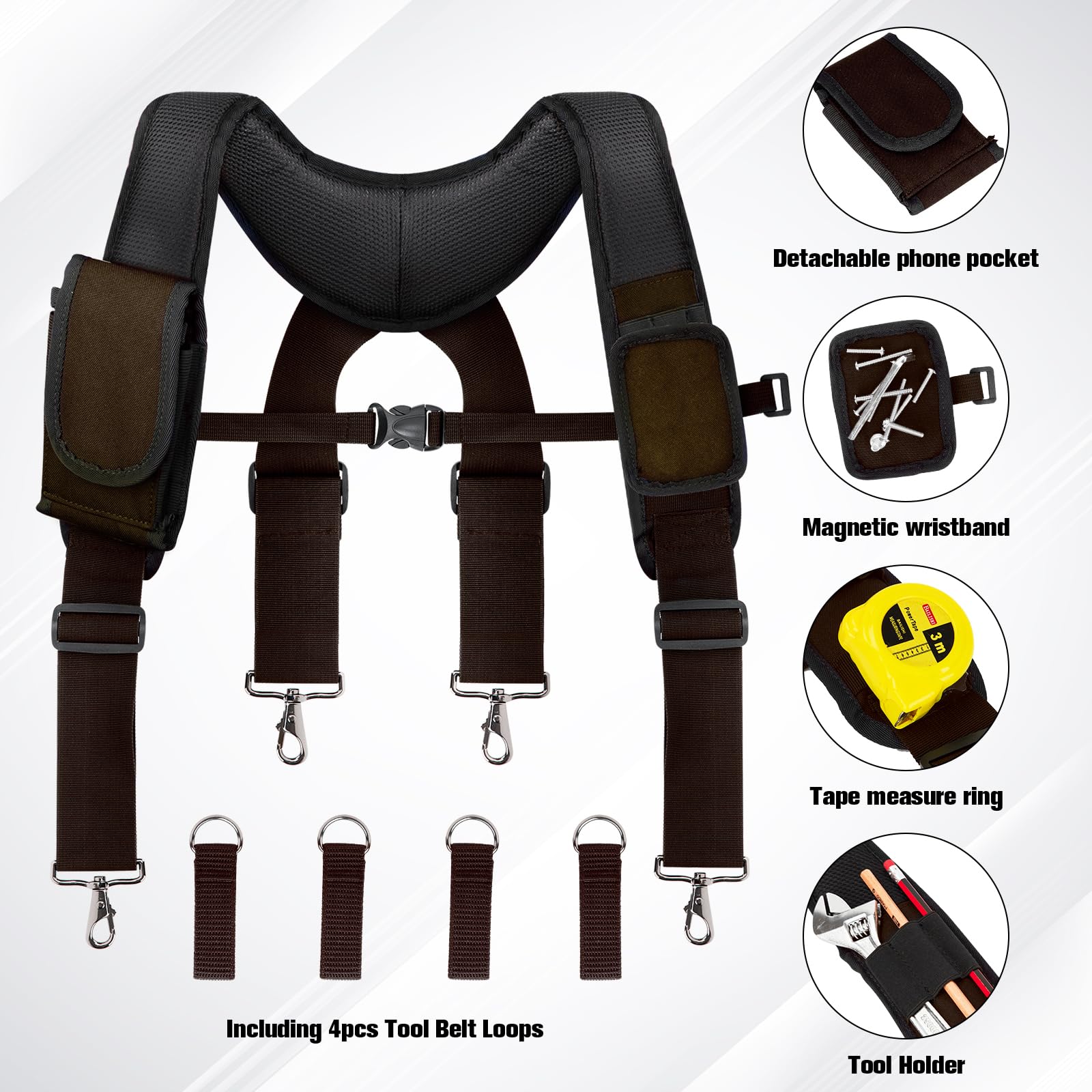 Adjustable Padded Tool Belt Suspenders for Men - Comfortable Carpenter Work Belt with Magnetic Wristband & Multi-Pocket Design for Construction Workers (Brown) | Ideal for DIY Projects, Home Renovations & Professional Job Sites