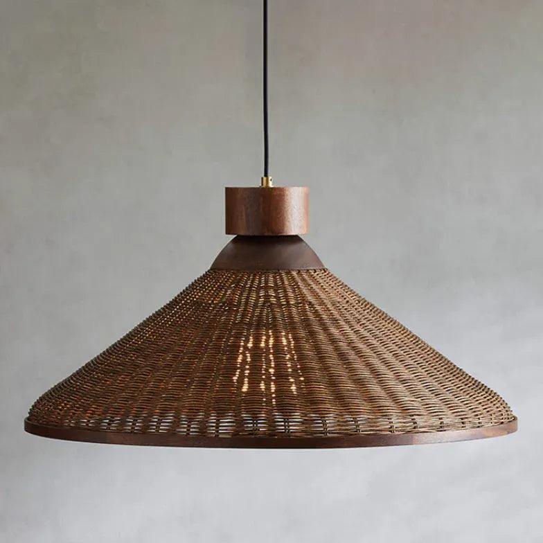 Vintage Woven Rattan Cone Shade LED Pendant Light - Farmhouse Ceiling Lighting for Dining Room, Kitchen Island & Bedroom