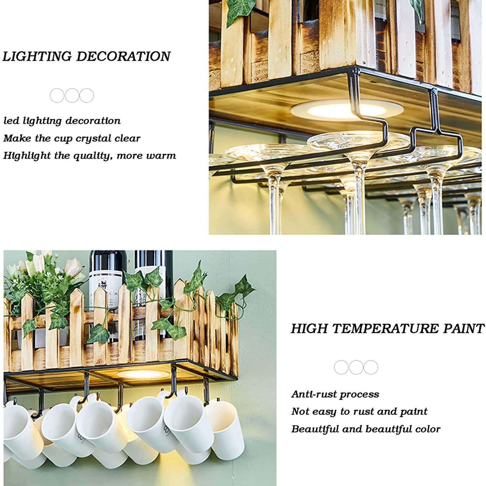 DASHADAO Adjustable Industrial Wine Glass Shelf with LED Lights - 60cm Ceiling Decorative Wine Rack for Home, Kitchen, Bar, Living Room & Office - Perfect for Wine Storage and Modern Interior Decor