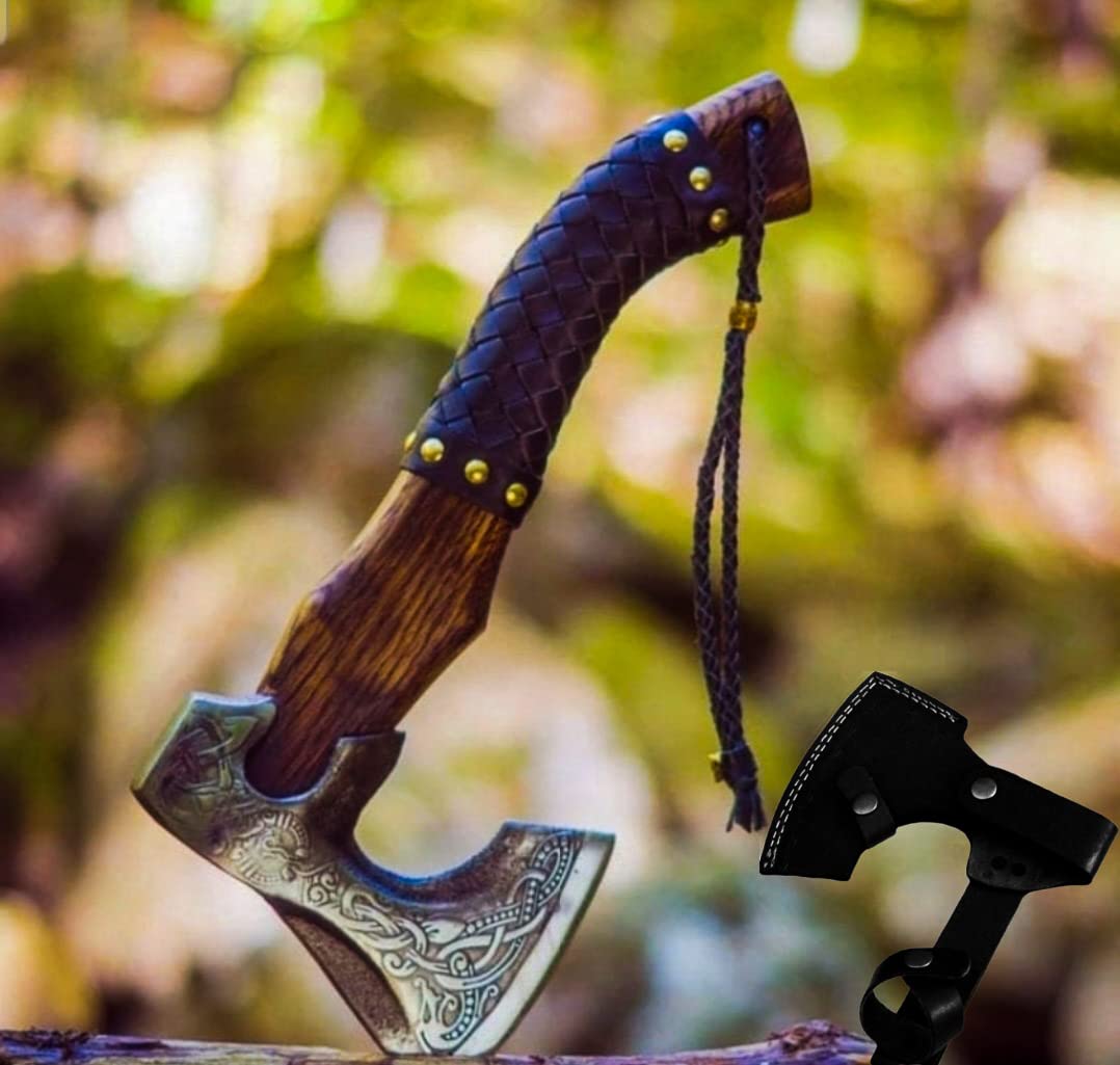 Handcrafted Viking Bearded Axe - Forged Camping Tomahawk with Rosewood Handle | Perfect Gift for Men (Birthday, Anniversary) | Outdoor Survival Tool & Medieval Decor