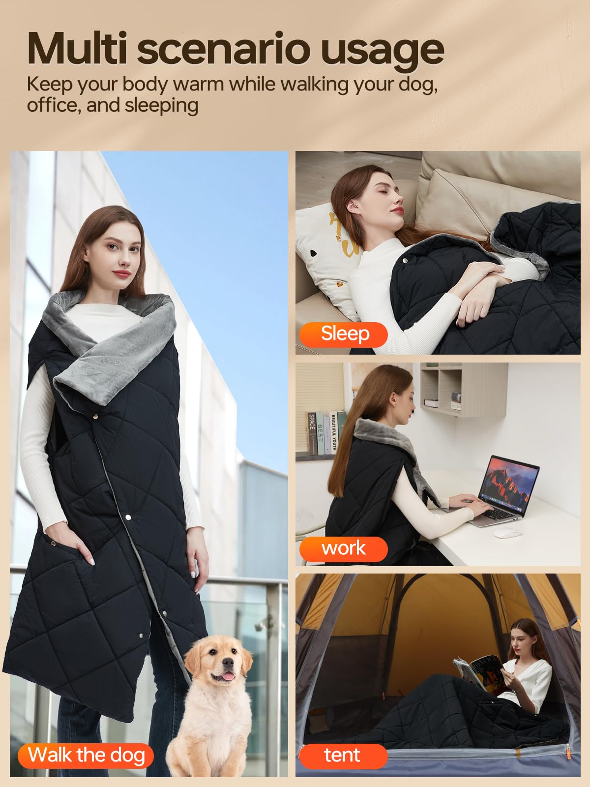 USB Heated Blanket - Cordless Electric Heating Blanket with 10000mAh Battery, 7 Heating Zones & 3 Temperature Settings | Machine Washable, Super Soft Wearable Blanket for Home, Office, Camping & Travel
