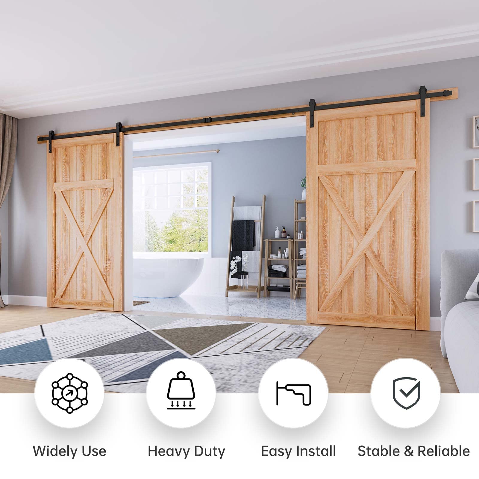 EaseLife 16 FT Heavy Duty Double Door Sliding Barn Door Hardware Track Kit - Smooth Quiet Gliding, Easy Installation for 48