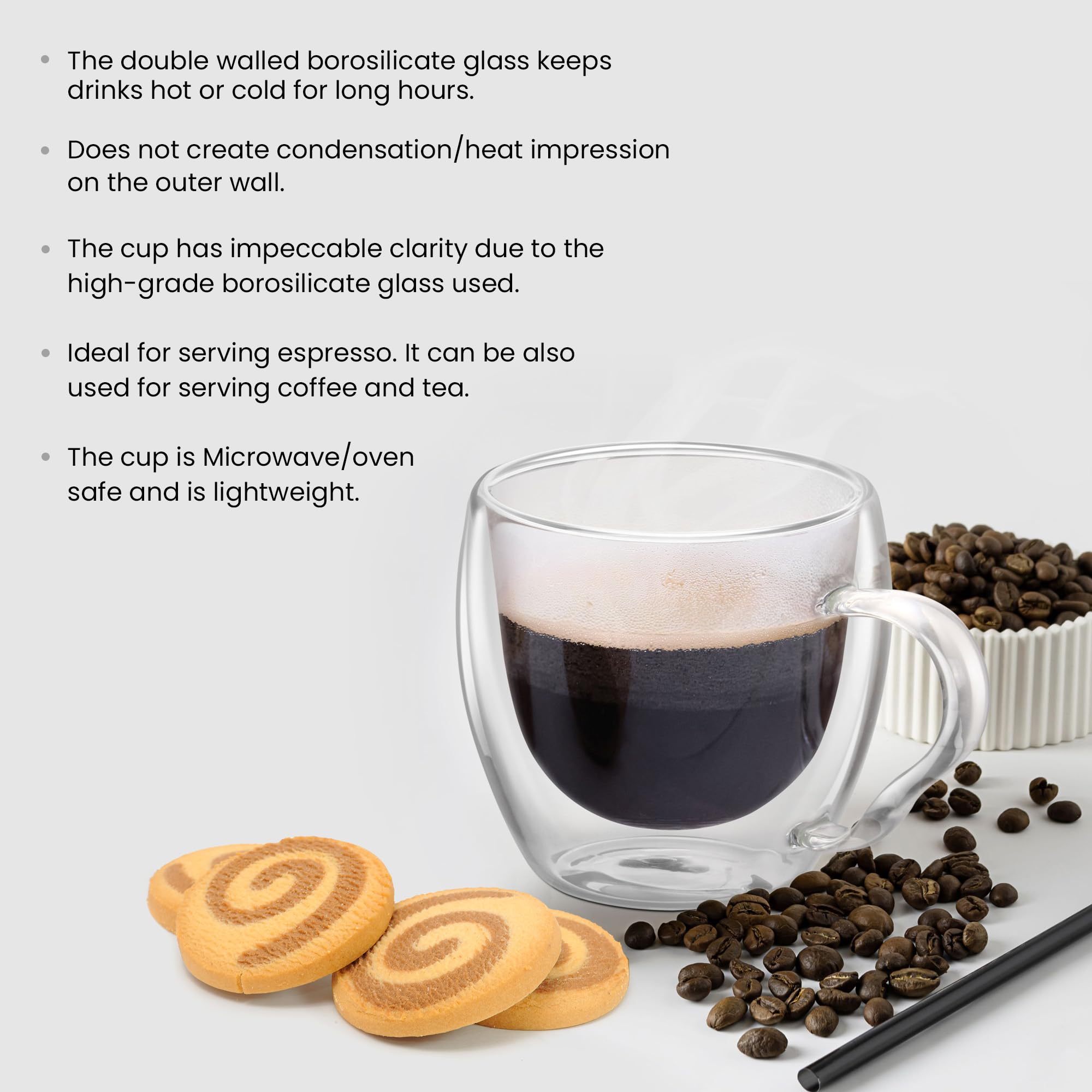Treo by Milton Double Wall Insulated Glass Coffee Mug - 105ml Crystal Clear Tea & Espresso Cup - Microwave Safe for Hot & Cold Drinks - Perfect for Coffee, Tea, Hot Chocolate, Milk, Cappuccino - Ideal for Home, Office & Cafe Use