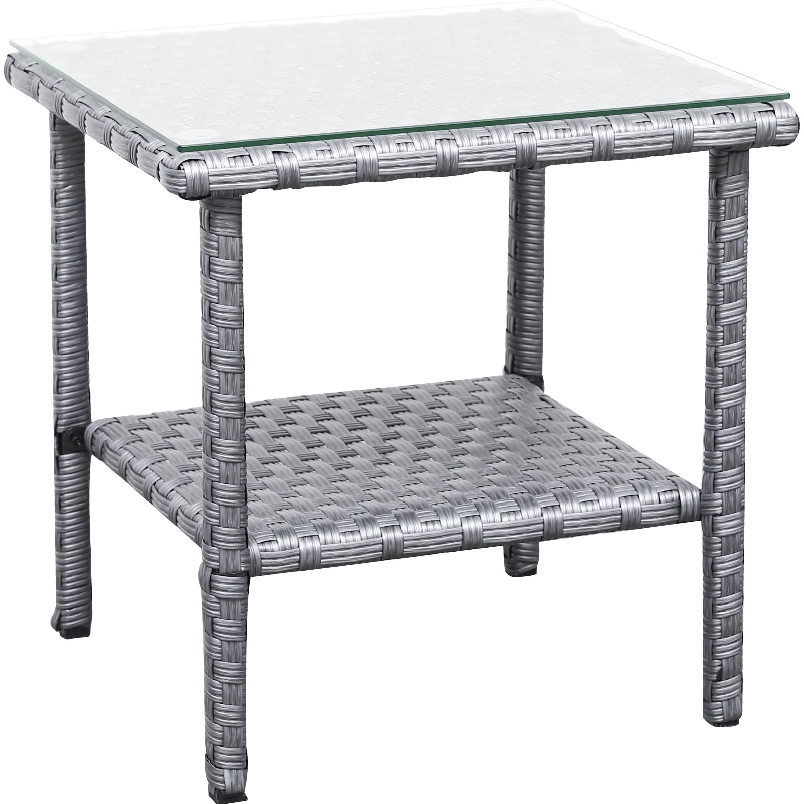 Outdoor PE Wicker Side Table with Glass Top - 2-Tier Rattan Coffee Table for Patio, Garden, Balcony & Living Room - Grey Square End Table Furniture for Relaxing & Entertaining
