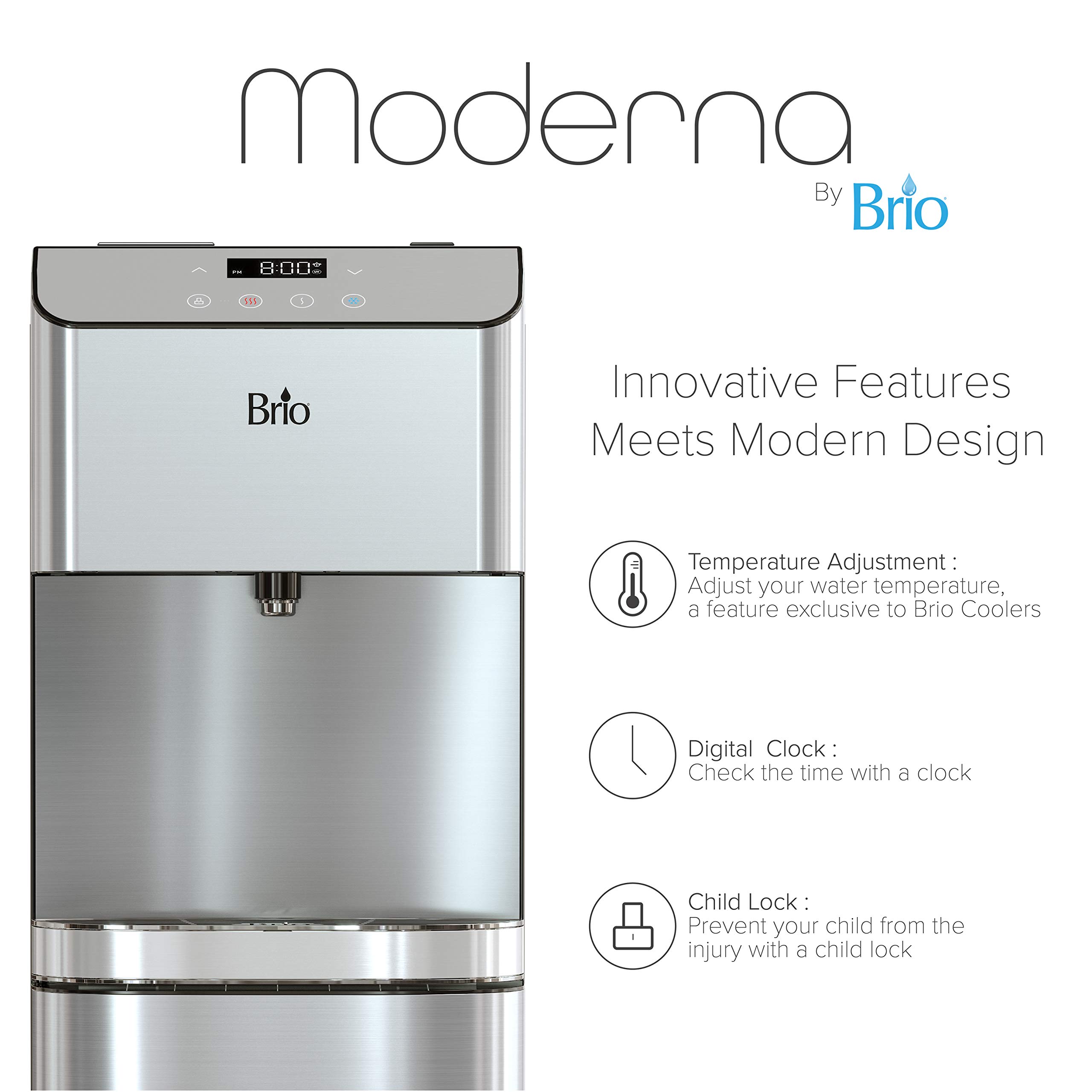 Brio Moderna Bottleless Water Cooler Dispenser with Self-Cleaning & Filtration System – Adjustable Temperature Control – Digital Clock & LED Nightlight – Hot, Cold & Room Water Options – Perfect for Home, Office & Kitchen Use