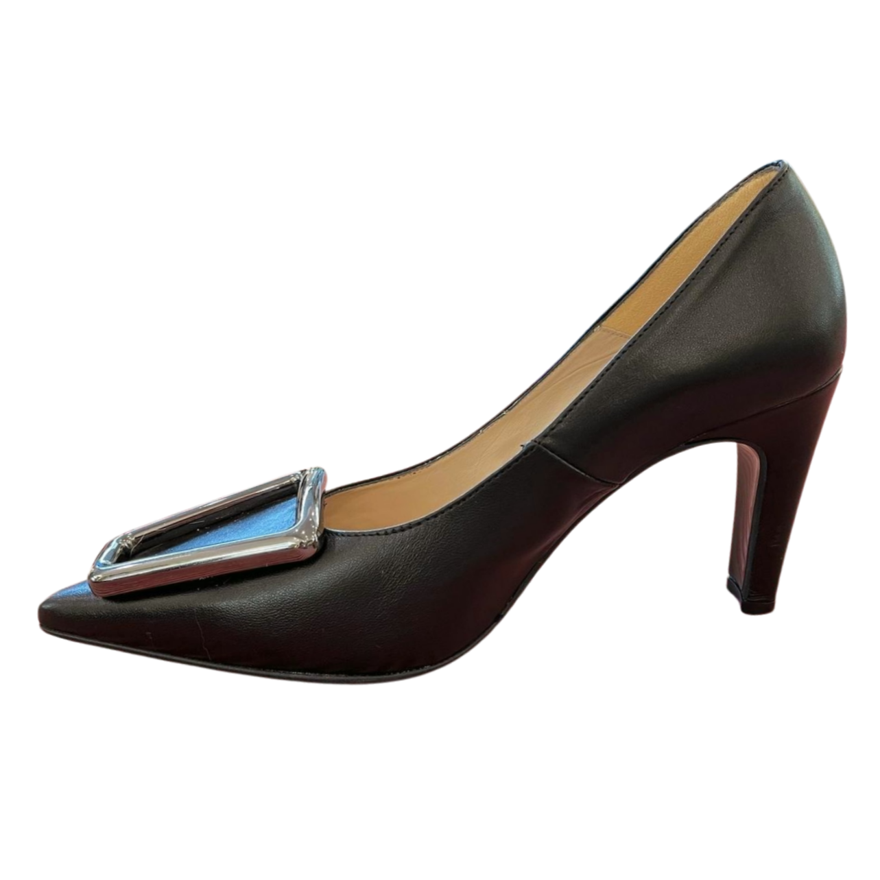 MARIAN Black Leather Pointed Toe Court Shoes with Pewter Buckle - Elegant Women's Dress Pumps for Office, Wedding & Formal Occasions