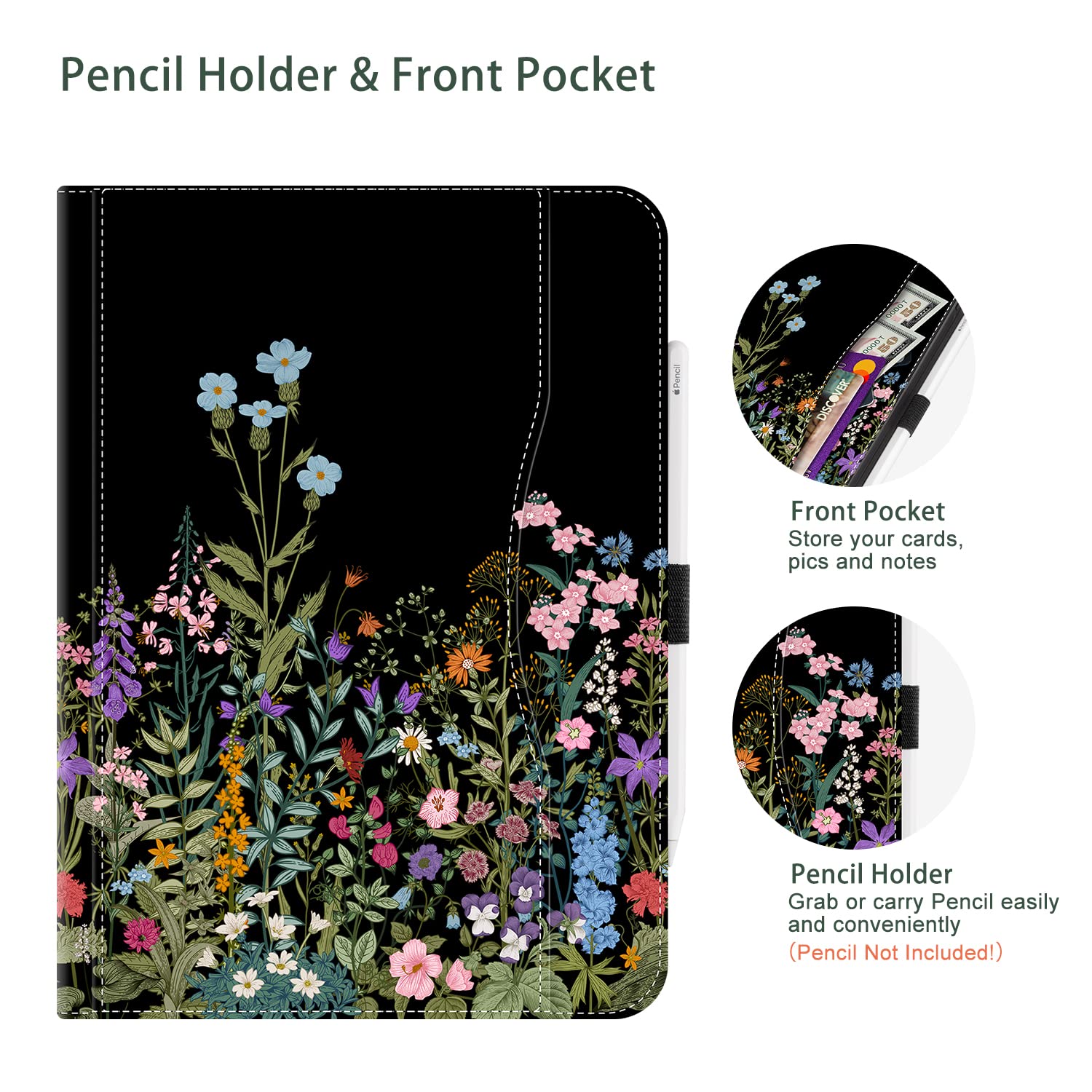 Premium iPad Case for 11th/10th Generation (2025/2022) - Floral Design with Pencil Holder, Hand Strap, Pocket & Adjustable Stand - Perfect for Work, School & Travel - Black Flower Pattern