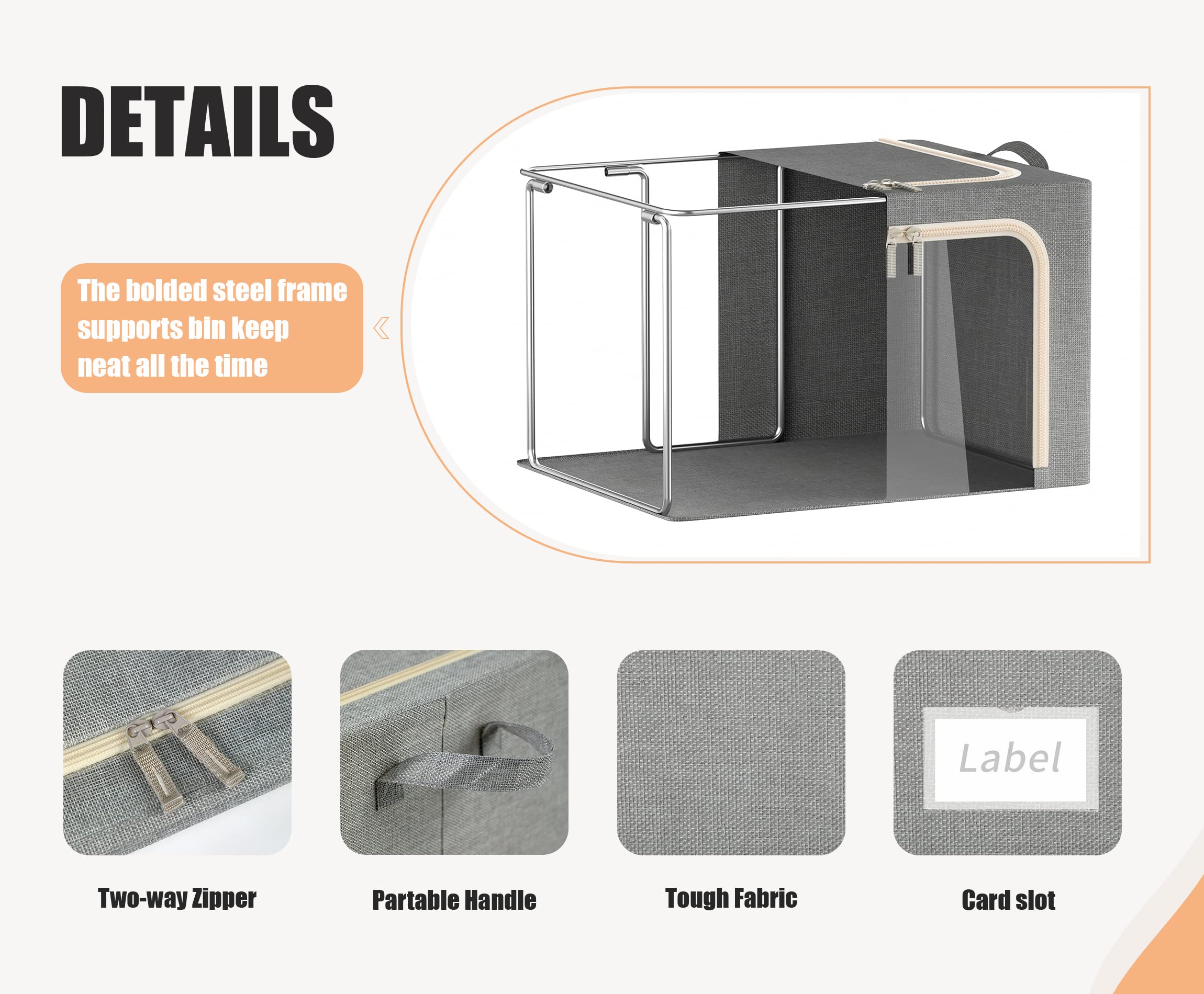 3-Pack Foldable Clothes Storage Bins with Metal Frame & Clear Window - 40L Linen Storage Box with Lid, Zippers & Durable Handles (Light Grey) - Perfect for Closet Organization, Seasonal Clothing Storage & Bedroom Decor