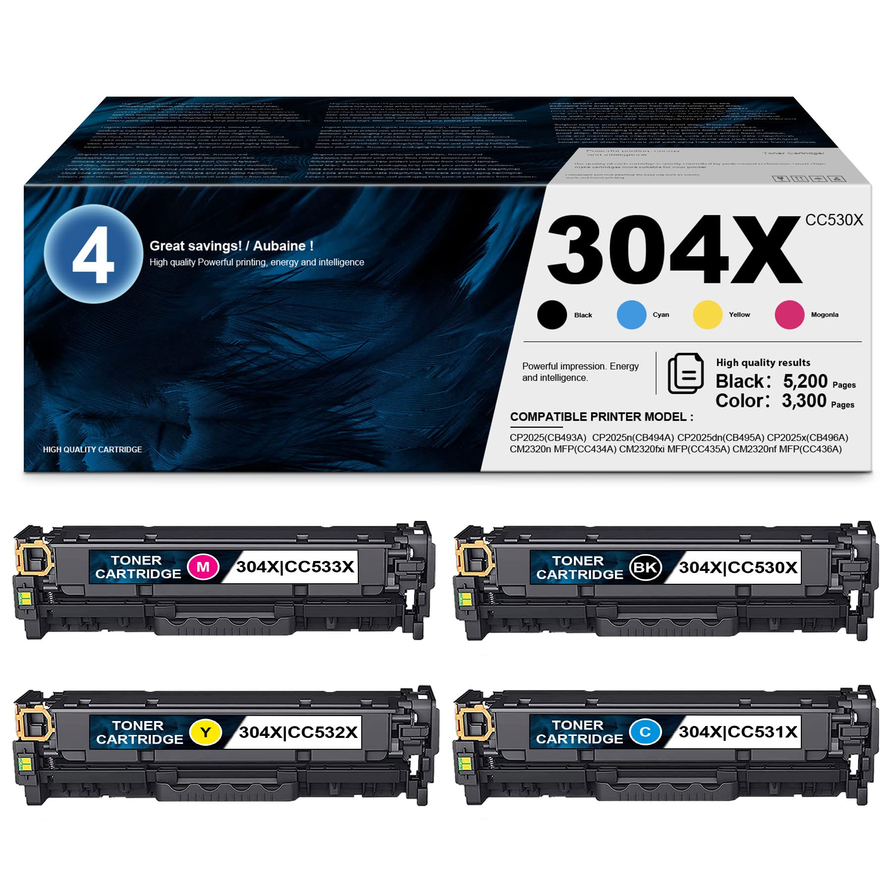 HSBHDAK High Yield Toner Cartridge Replacement (4-Pack: 1BK+1C+1M+1Y) - Compatible with HP CP2025/CP2025n/CP2025dn/CP2025x, CM2320 Series Printers - Perfect for Office & Home Printing Needs