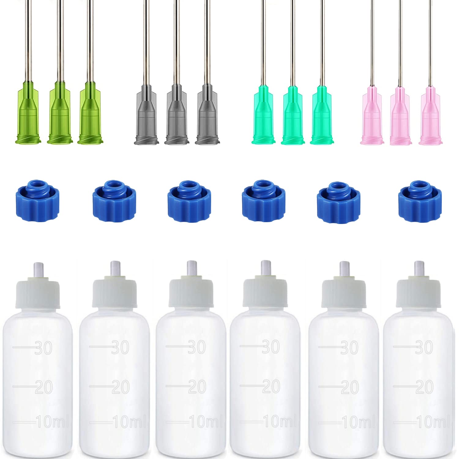 6 Pack 30ml Plastic Glue Applicator Bottles with Blunt Needle Tips (14ga/16ga/18ga/20ga) - Squeezable Dropper Bottles for Crafts, DIY, Quilling, Painting & Oil Applications - Perfect for Jewelry Making, Model Building & Home Repairs