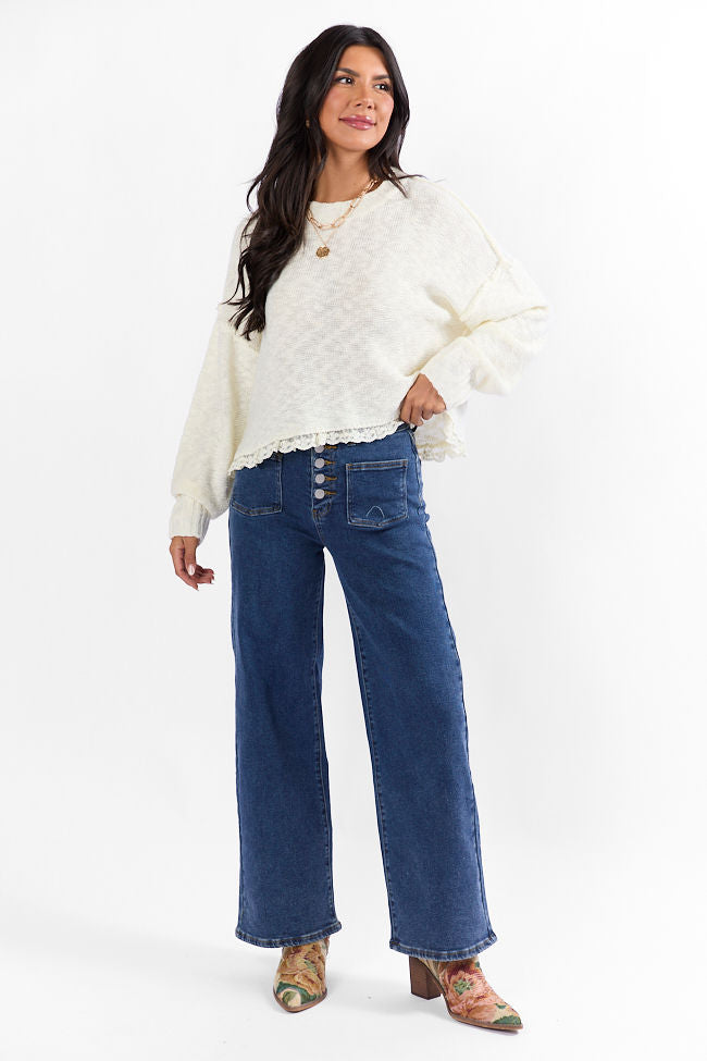 Stylish Harp On It Cream Lace Hem Crew Neck Sweater for Women | Soft Knit Pullover | Perfect for Office, Date Night & Casual Outfits