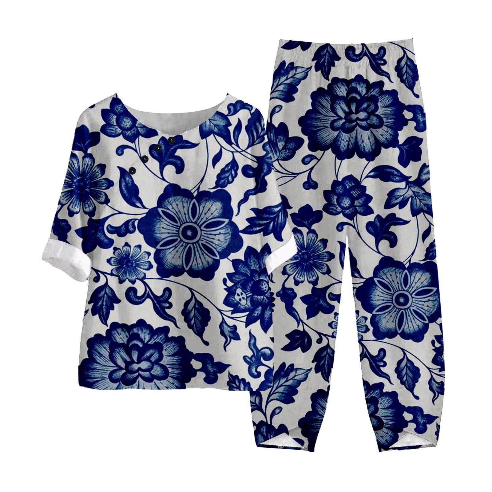 2024 Women's Plus Size Floral Print Lounge Set - Elastic Waist Button Up Top & Pants Two Piece Outfit (N, XL) | Comfortable Loungewear for Relaxing at Home, Yoga & Casual Wear
