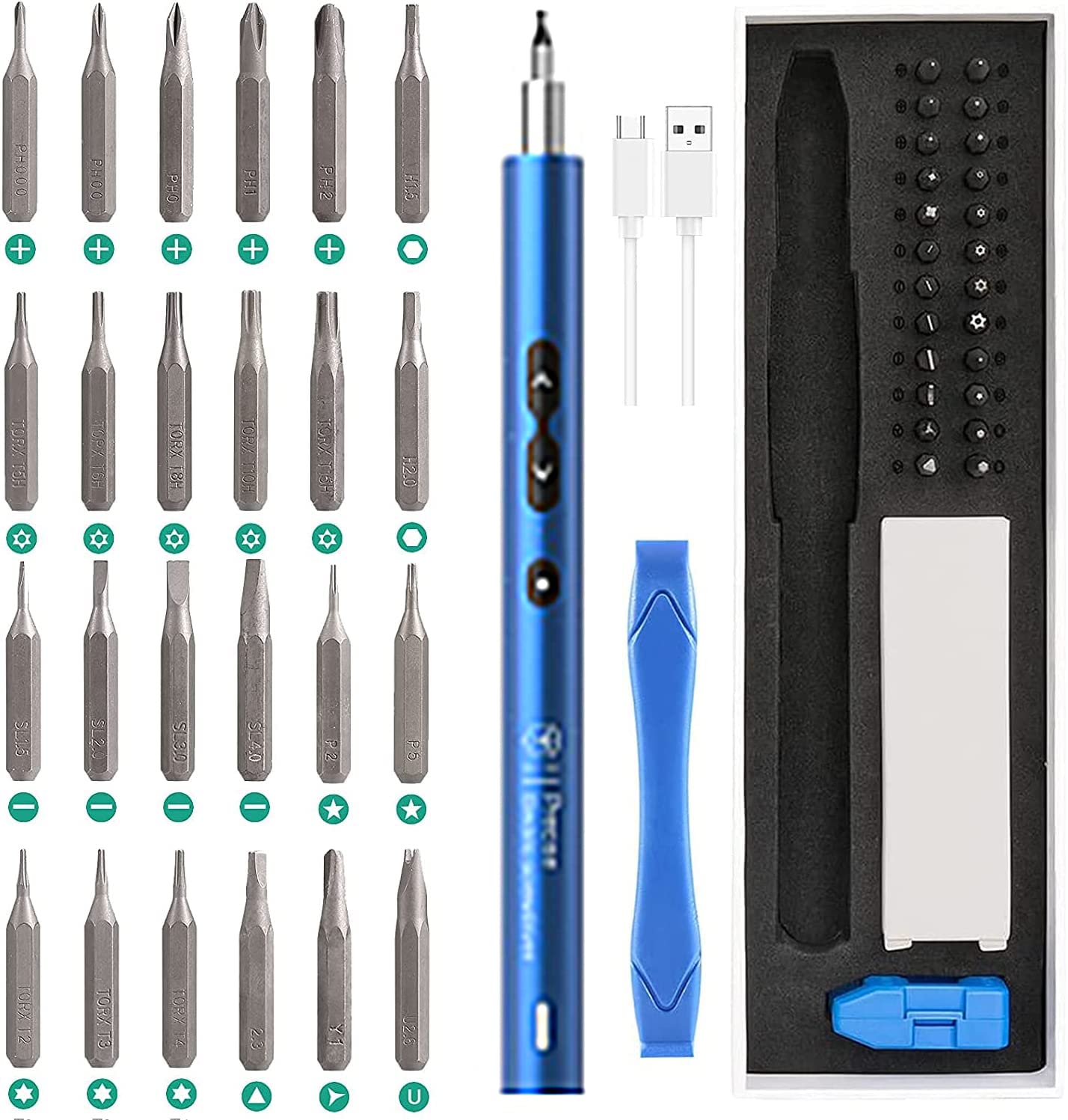AMIR 28-in-1 Rechargeable Electric Screwdriver Set with Magnetic Bits & LED Light - Portable Power Tool for PC Building, Laptop Repair, Watch Maintenance, Electronics DIY - Perfect for Home Workshop & Professional Technicians