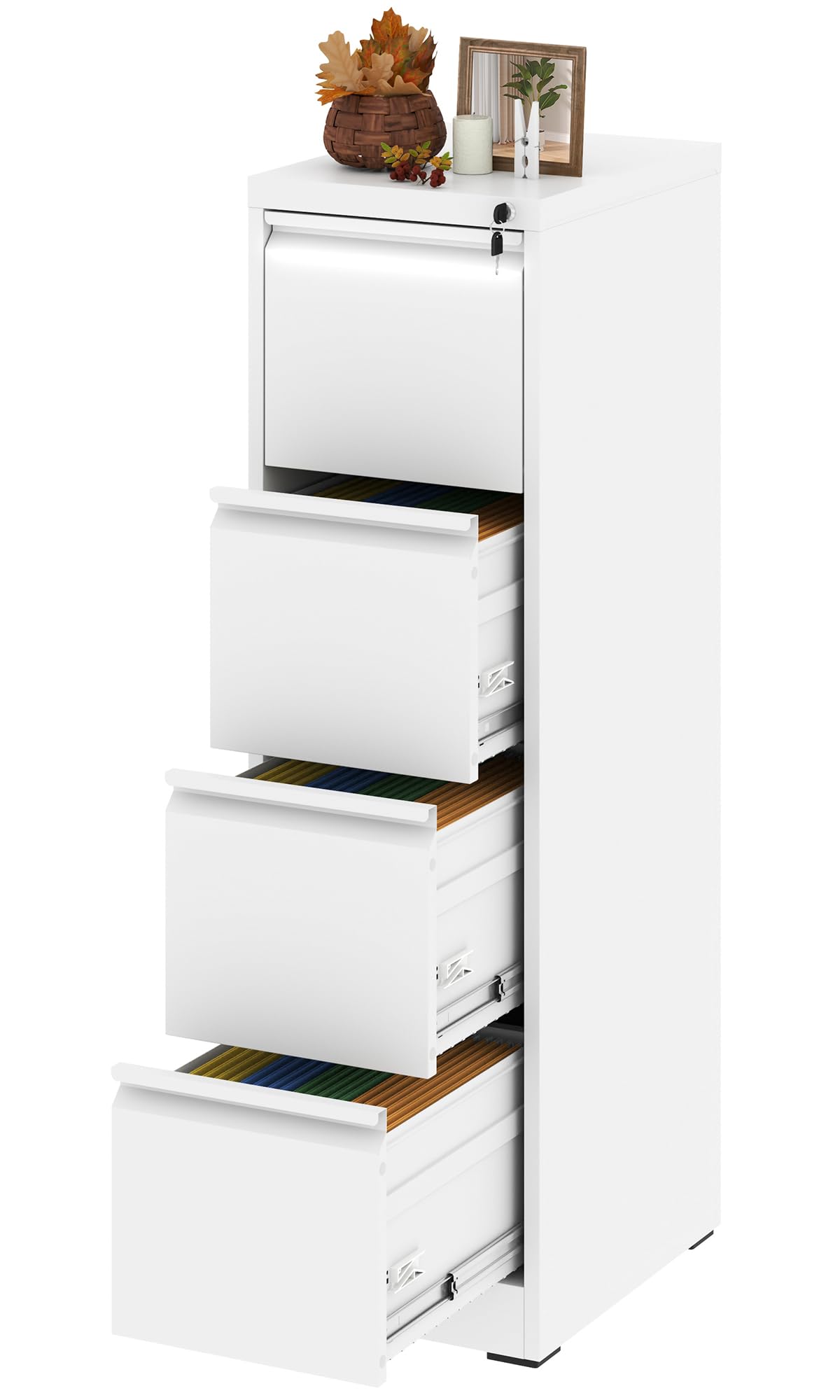4-Drawer Vertical File Cabinet with Lock - White Hanging File Organizer for A4, Legal & Letter Size Documents - Perfect for Home Office & Workspace Organization