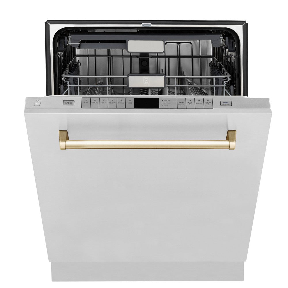 ZLINE Autograph Edition 24 Inch Stainless Steel Dishwasher with Polished Gold Handle - 3rd Rack, Top Touch Controls, 45dBA Ultra Quiet - Perfect for Modern Kitchens & Open Concept Homes (Model DWMTZ 304 24 G)