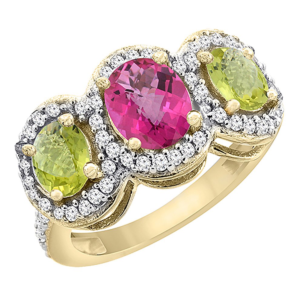 14K Yellow Gold Natural Pink Sapphire & Lemon Quartz 3-Stone Ring with Oval Diamond Accent - Sizes 5-10 | Elegant Jewelry for Engagement, Anniversary & Special Occasions