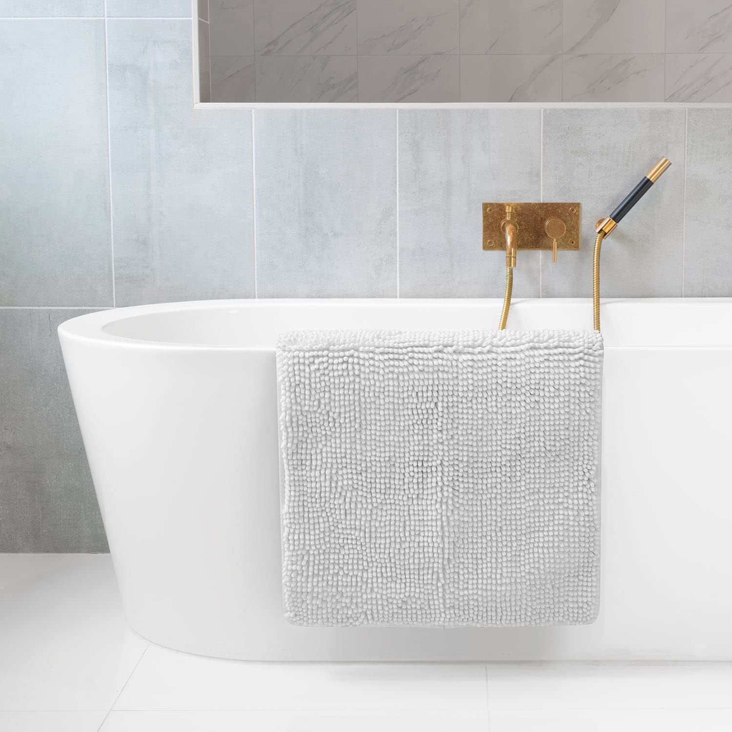 Premium Tafts Bathroom Rugs - Ultra Soft Chenille Microfiber Shaggy Bath Mat with Extra Thick Memory Foam, Super Absorbent & Non-Slip (21x47 Inches, Cool White) - Machine Washable for Easy Care - Perfect for Bathroom, Spa, and Master Suite Decor