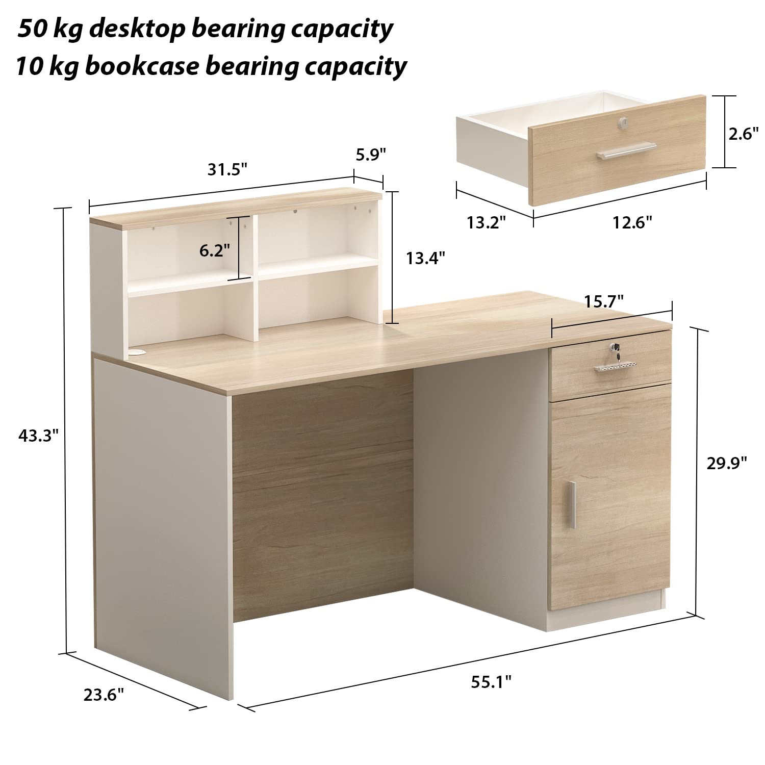 Oak Reception Desk with Lockable Drawer & Open Shelf - Wooden Front Counter Office Desk for Reception Room, Lobby & Waiting Area - Perfect for Professional Workspaces, Hotels & Corporate Offices