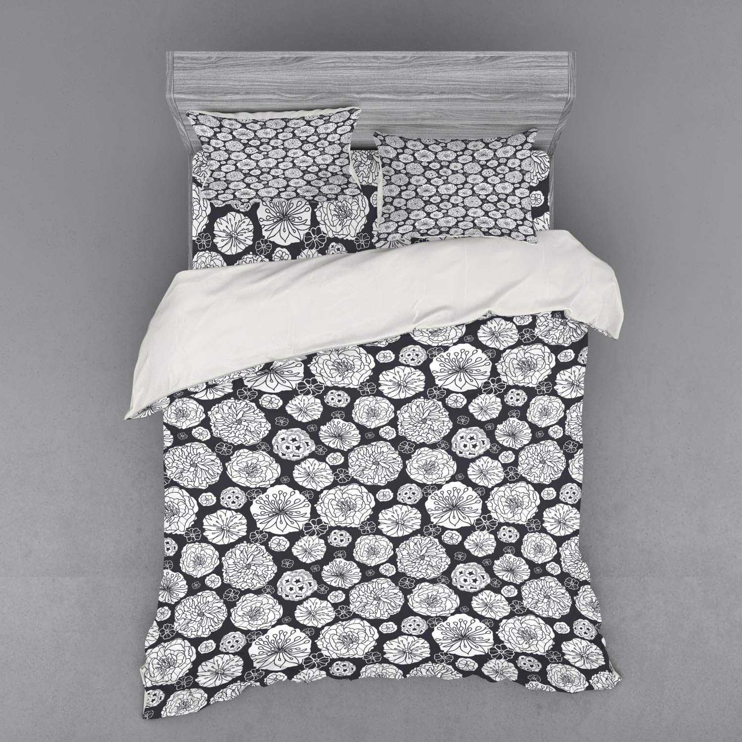 Ambesonne Floral Duvet Cover Set - Queen Size 4-Piece Bedding Set with Shams & Fitted Sheet, Black and White Hand-Drawn Dandelion Flower Leaf Print | Botanical Garden Theme Bedroom Decor for Spring & Summer