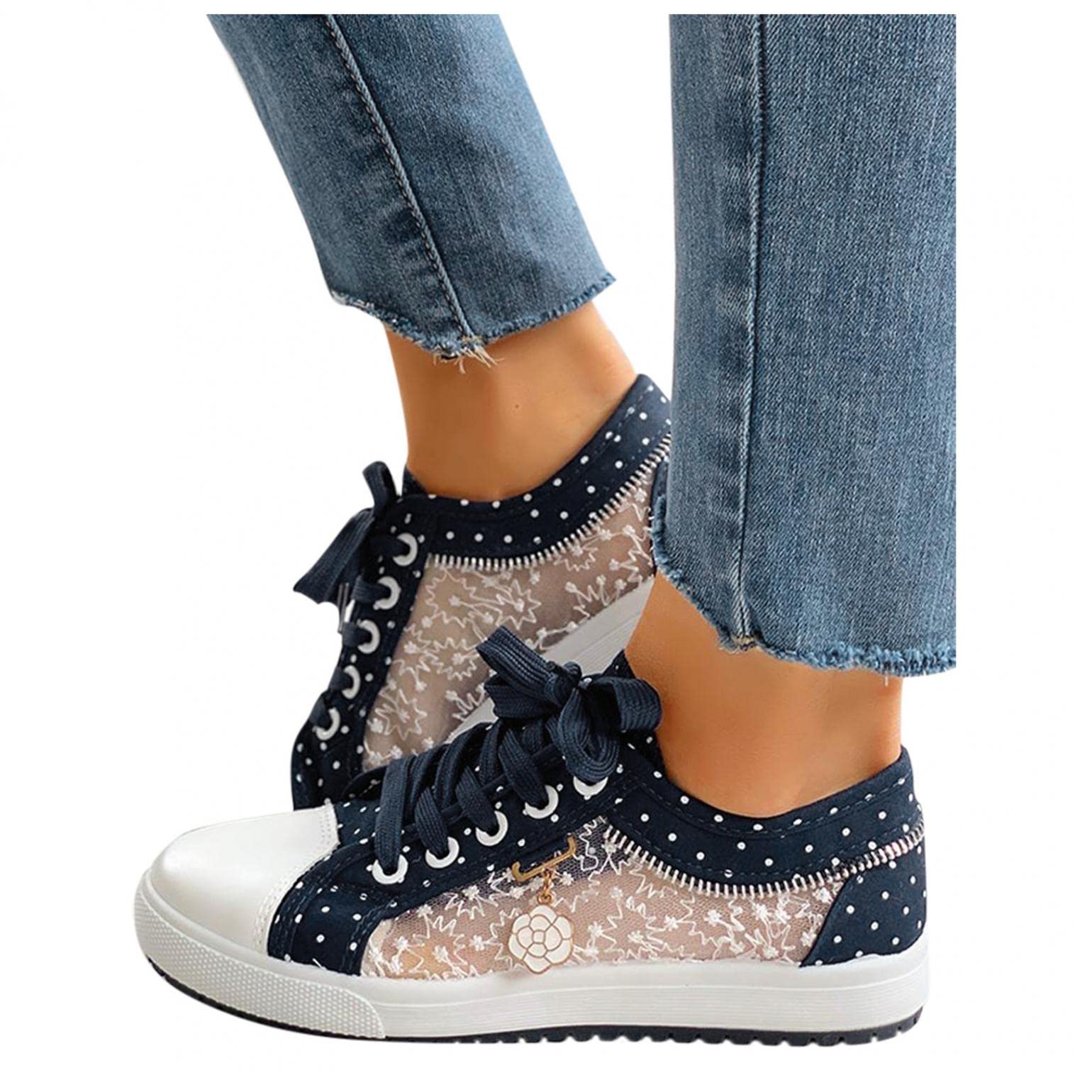 Women's Spring Casual Shoes - Floral Lace Up Sneakers with Mesh Hollow Out Design, Slip On Comfort for Walking, Work & Daily Wear
