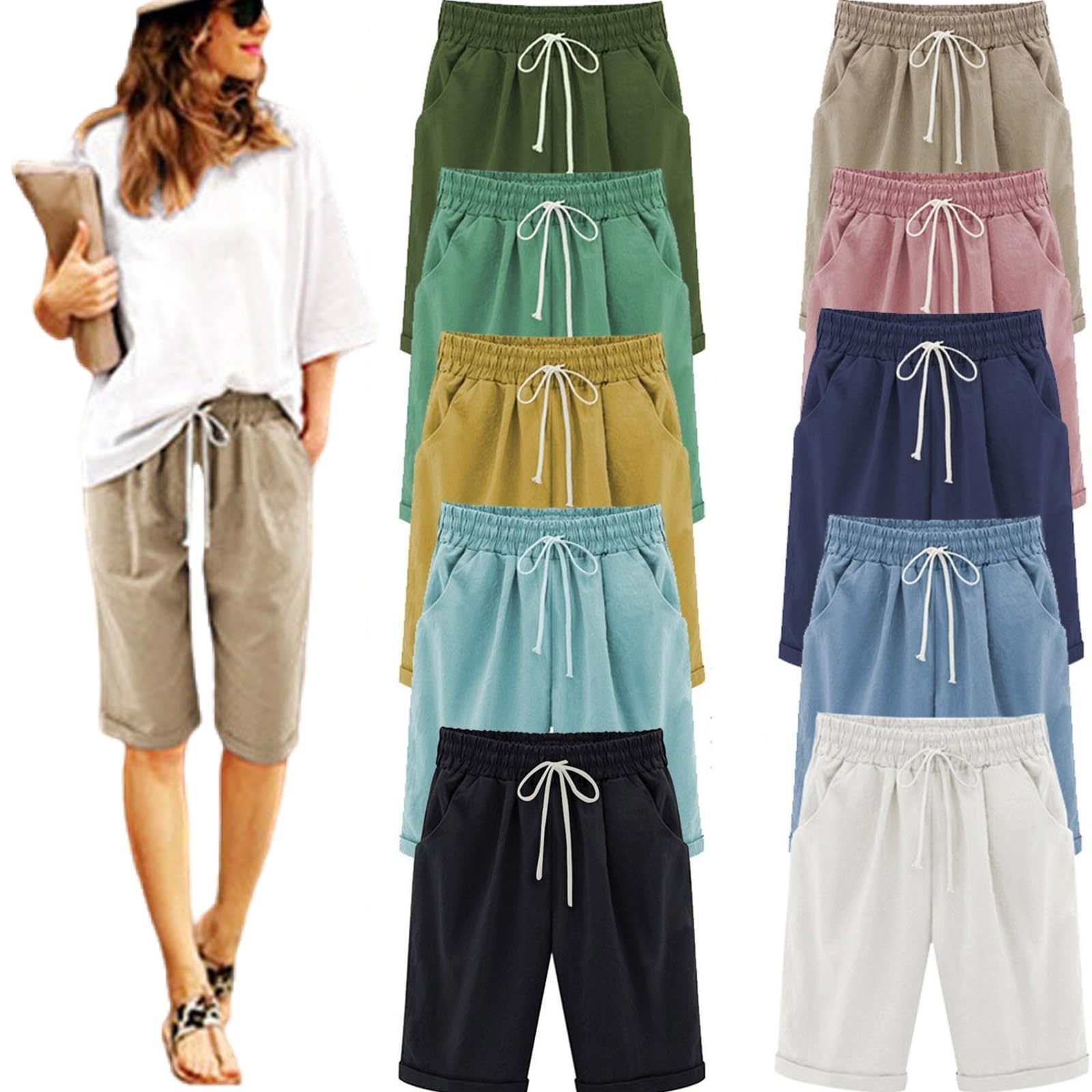 Women's Cotton Bermuda Shorts - High Waist Drawstring with Pockets for Summer & Beach Vacations