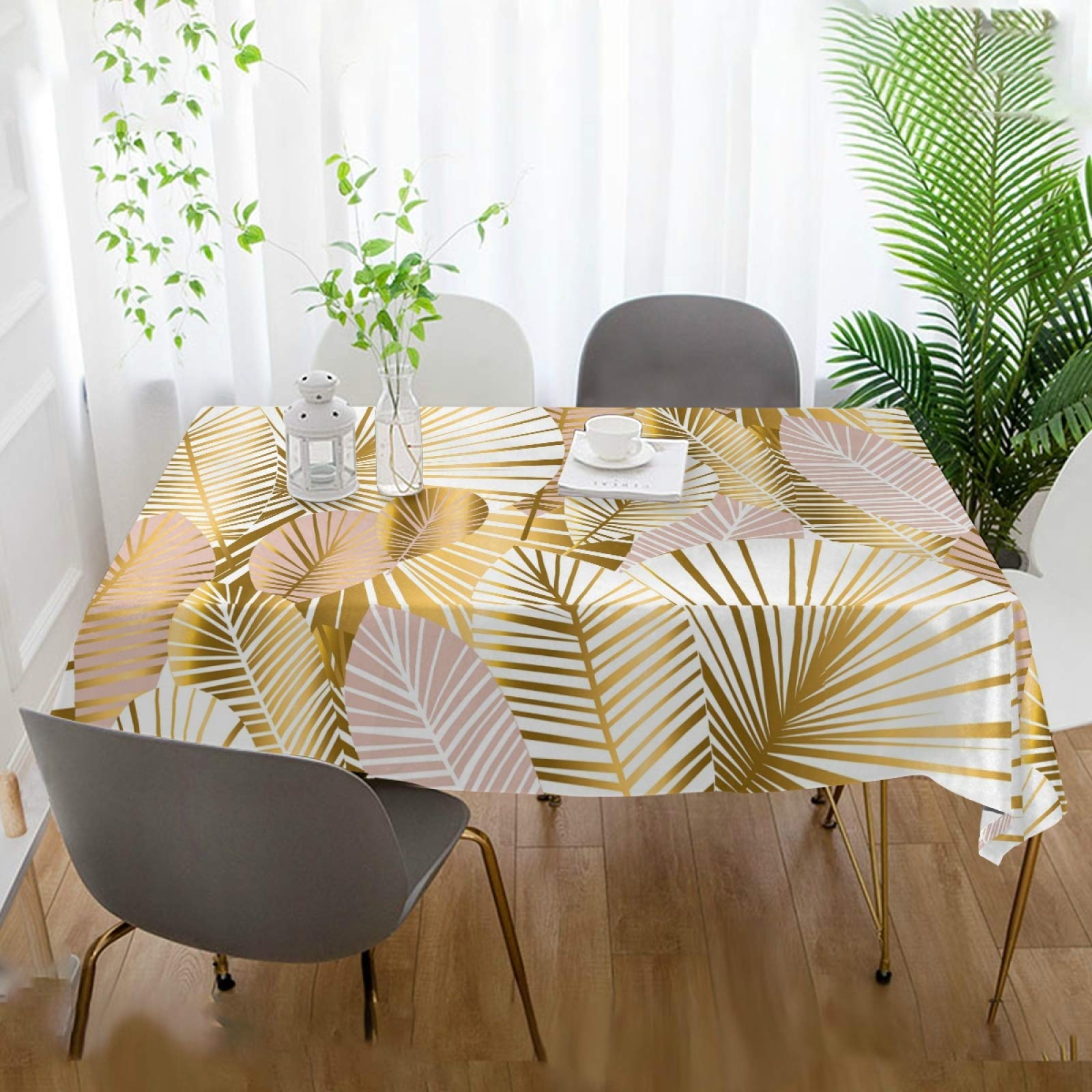 Gold Tropical Palm Leaf Jungle Tablecloth - 60 Inch Rectangle Polyester Table Cover for Party, Dinner & Home Decor | Perfect for Jungle Theme, Hawaiian Luau & Tropical Events