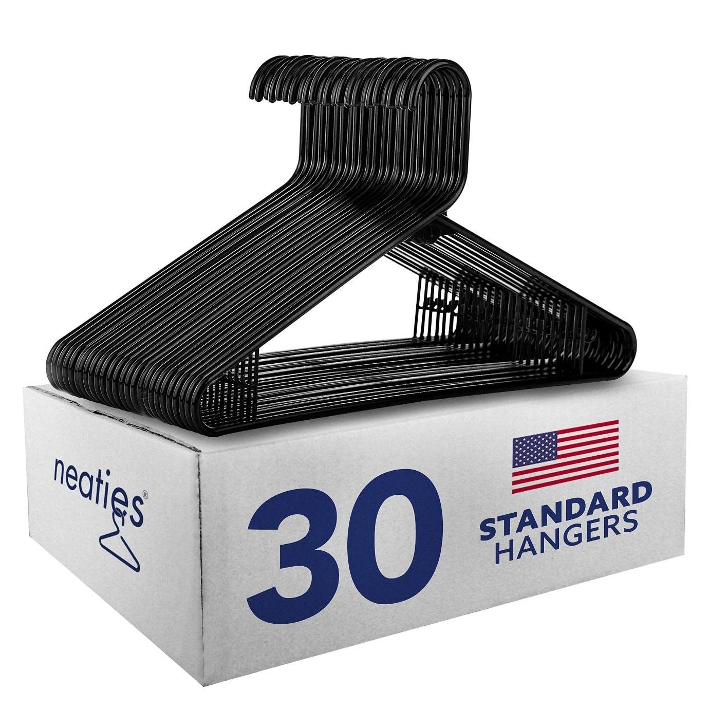 Neaties Premium Black Plastic Hangers 30-Pack - Made in USA with Sturdy Bar Hooks - Heavy Duty Closet Organizers for Pants, Shirts, Dresses & Jackets - Perfect for Home, Retail Stores & Dry Cleaning Businesses