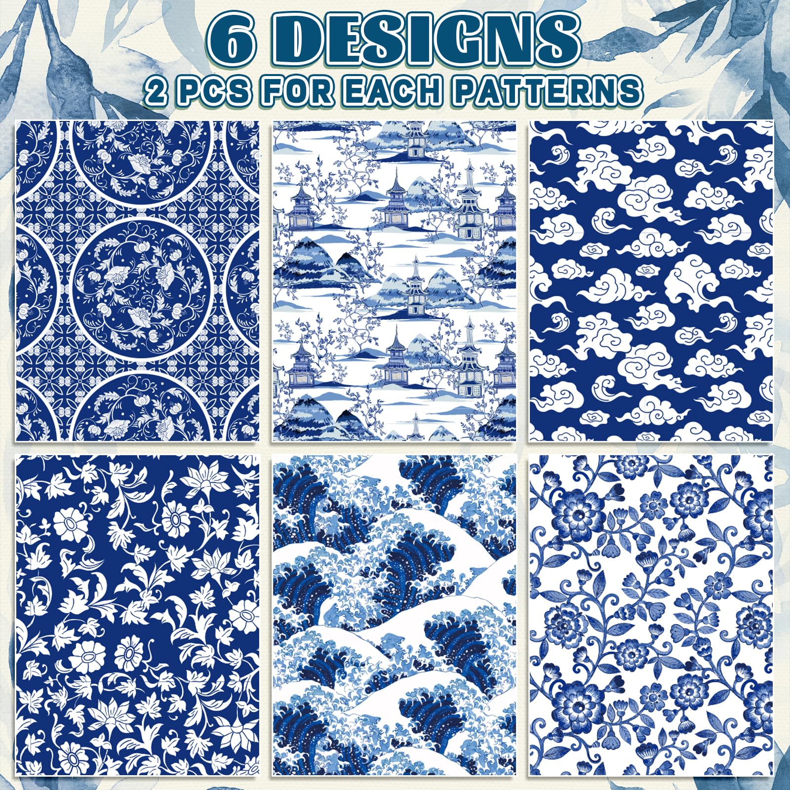 Premium Whaline 12-Sheet Blue Chinoiserie Wrapping Paper Set - 19.7