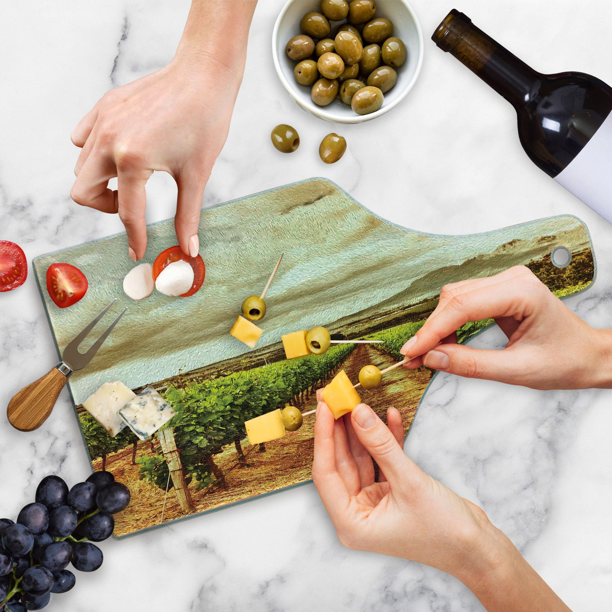 Ambesonne Country Grape Vineyard Digital Print Tempered Glass Cutting Board - Wine Bottle Shape, Burnt Orange Green Off White - Perfect for Cheese Serving, Charcuterie Display & Kitchen Decor